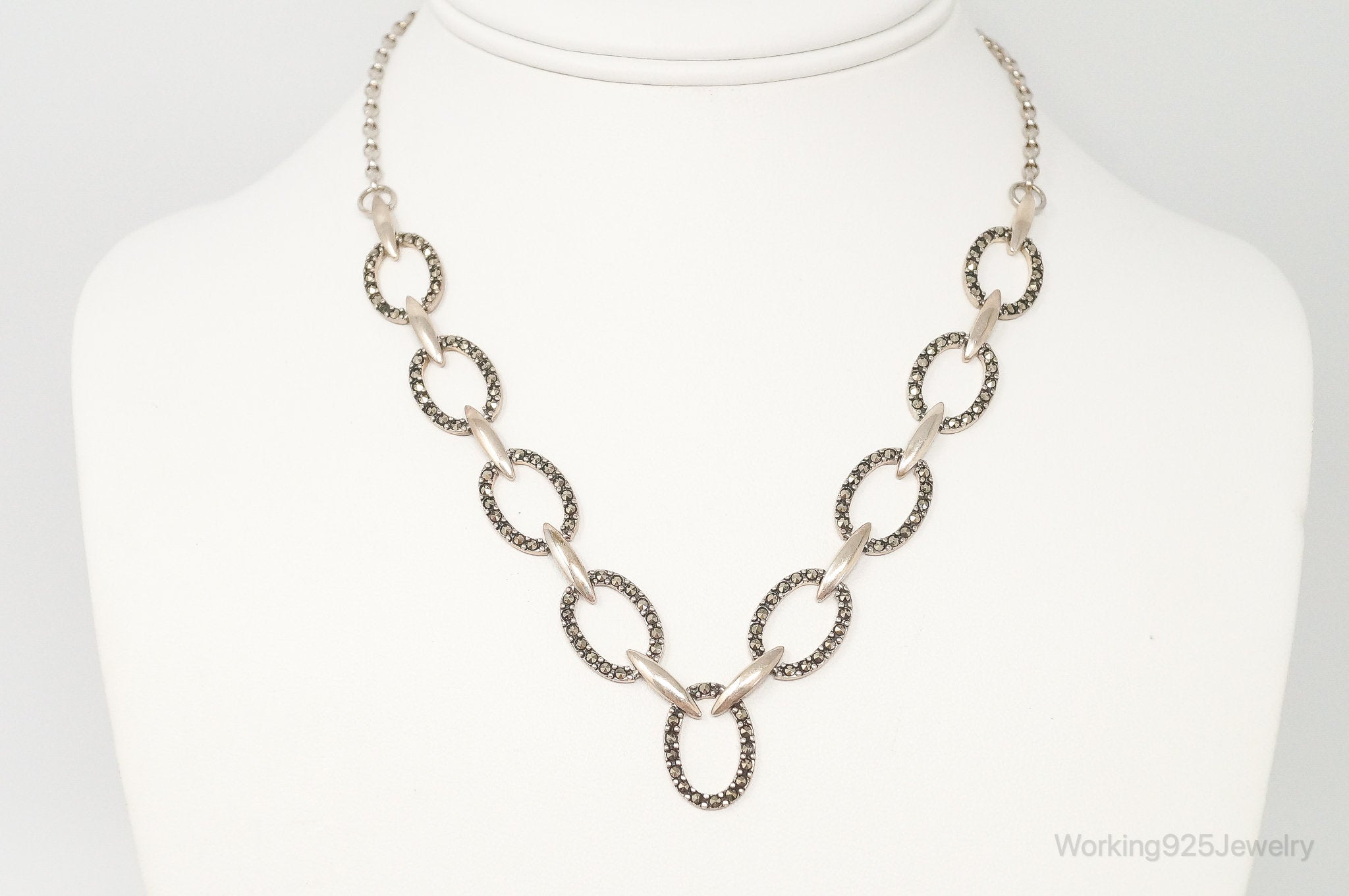 Vintage Marcasite Art Deco Oval Link Sterling Silver Necklace