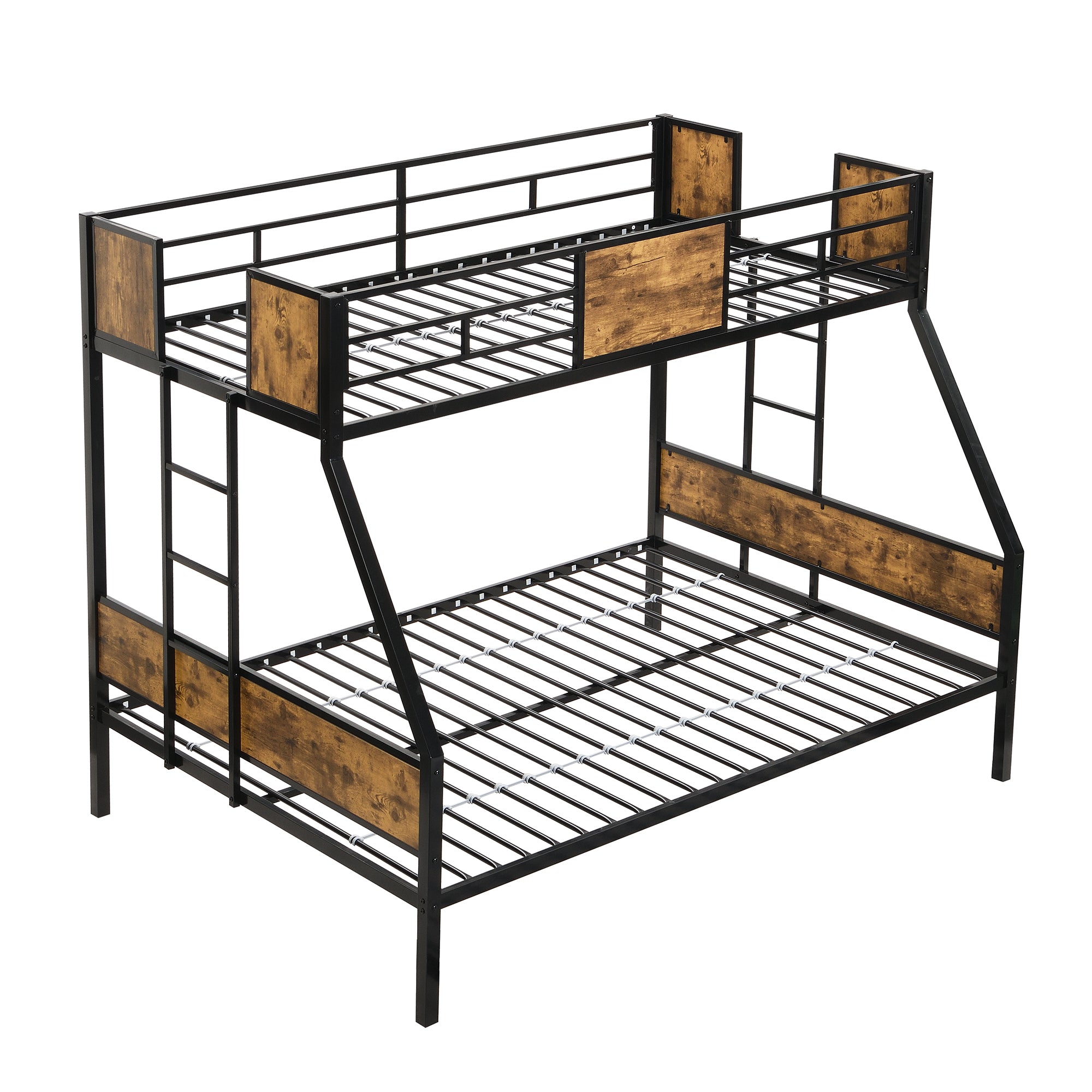 Modern Twin Over Full Metal Bunk Bed with 2-Side Ladder, Full-Length Guardrail, No Box Spring Needed, Black &amp;amp; Brown