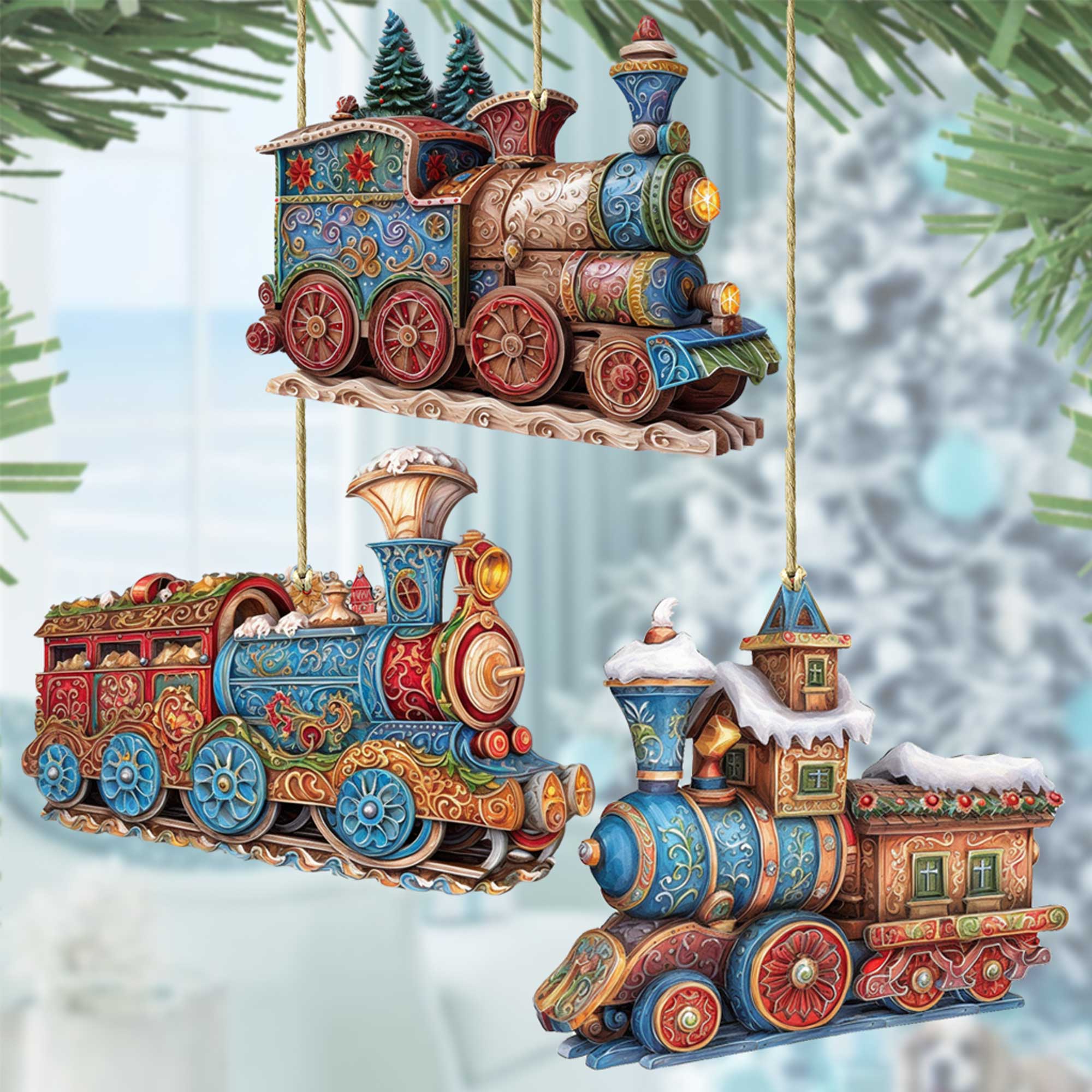 Christmas Train Wooden Ornaments Set of 3 by G. Debrekht - Christmas Decor - 8100198S3