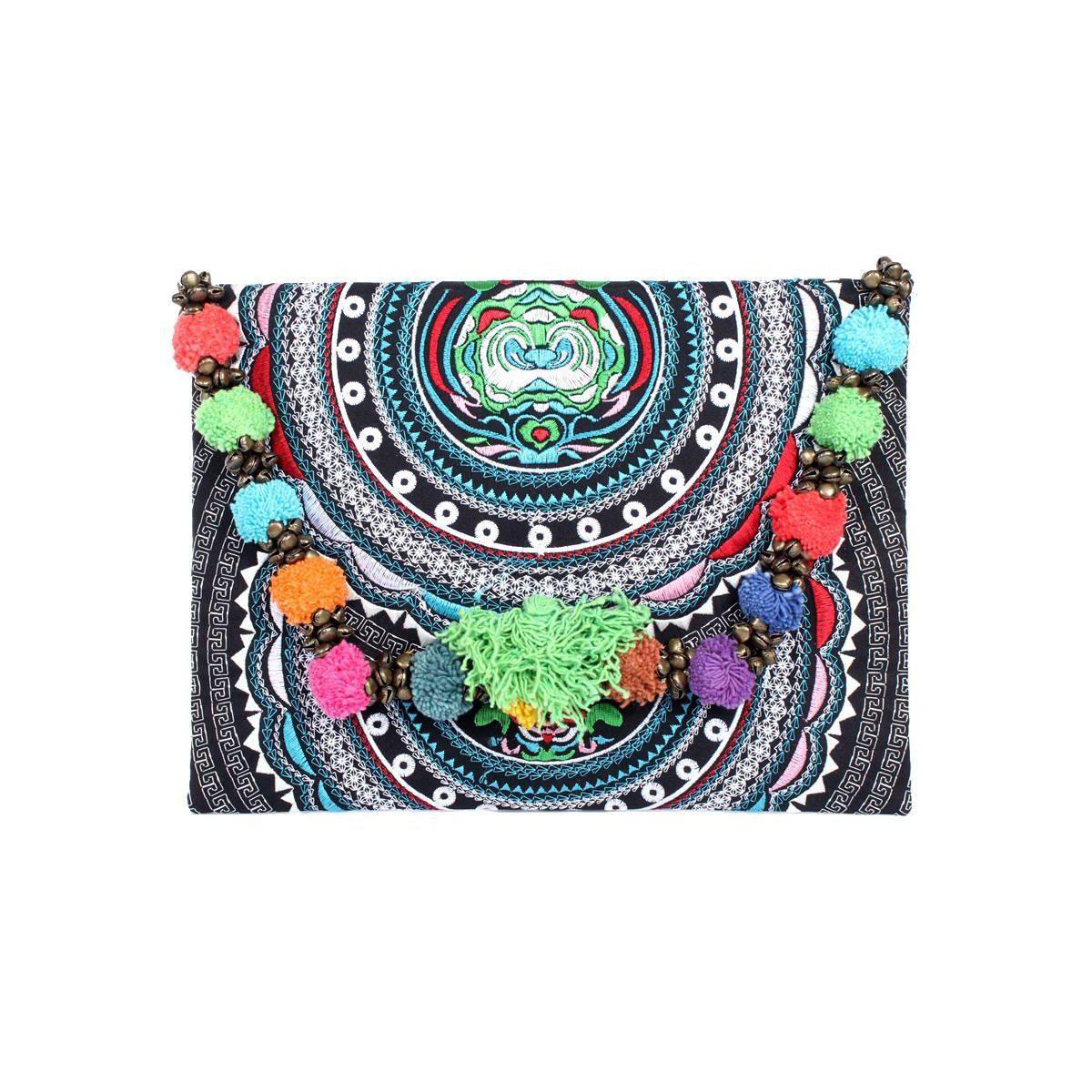 Pom Pom Embroidered Tribal Clutch | iPad Bag - Thailand