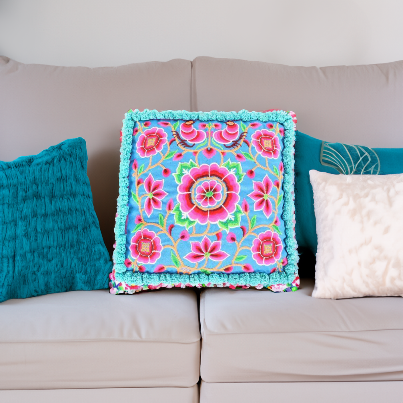 Blue Lagoon Floral Embroidered Pom Pom Cushion Cover - Thailand