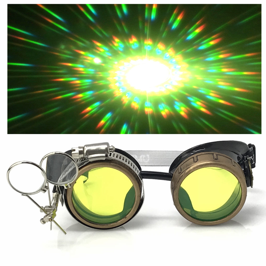 Steampunk Goggles with magnifying loupes UV glow neon green spiral diffraction lenses