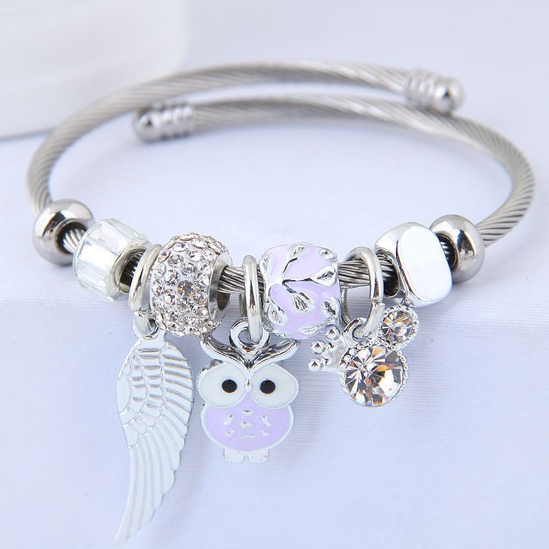 Beaded Owl Bracelet with Angel Wings - Stainless Steel Charm Bracelet