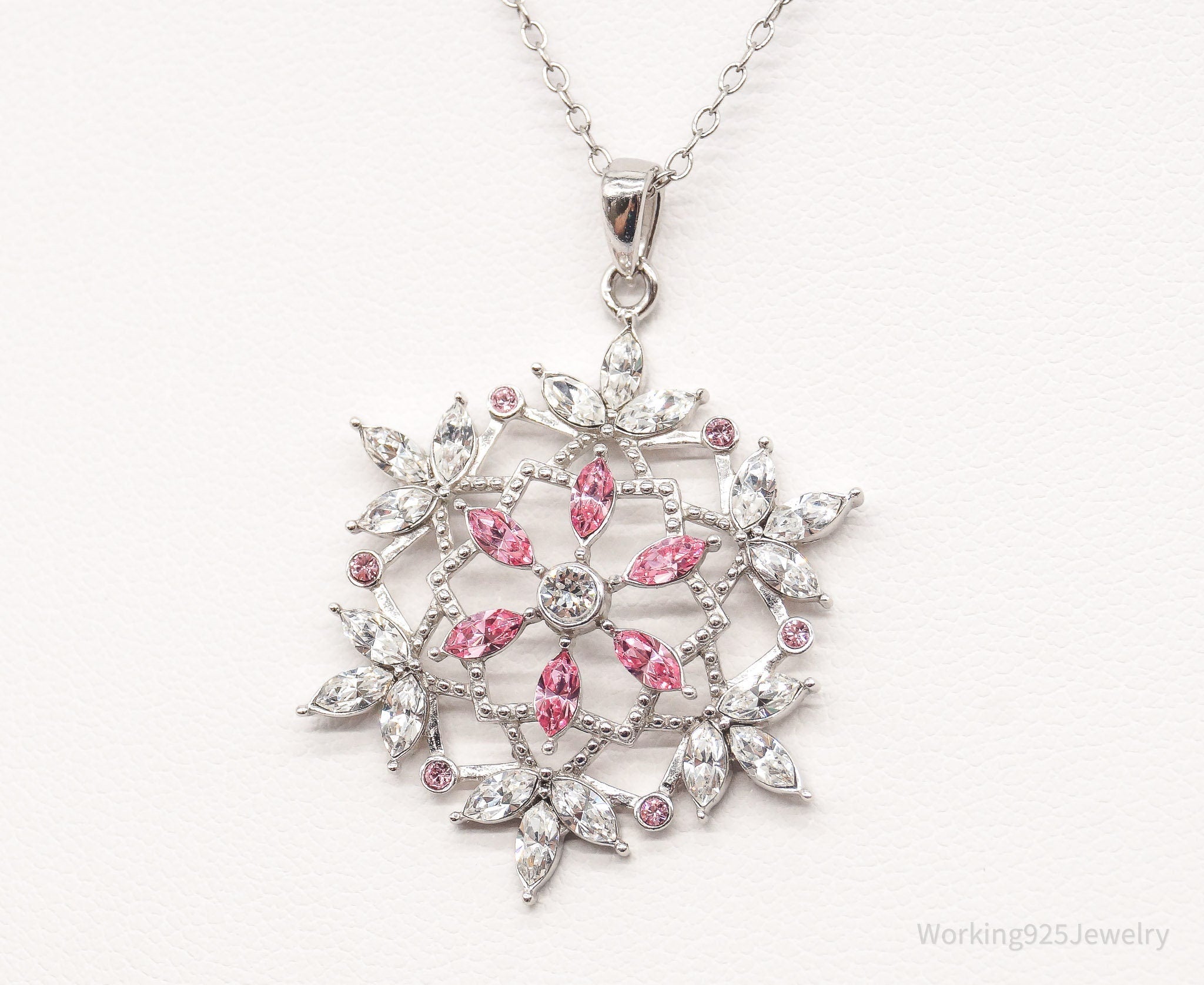 Vintage Designer RL Pink &amp;amp; White Crystal Snowflake Sterling Silver Necklace