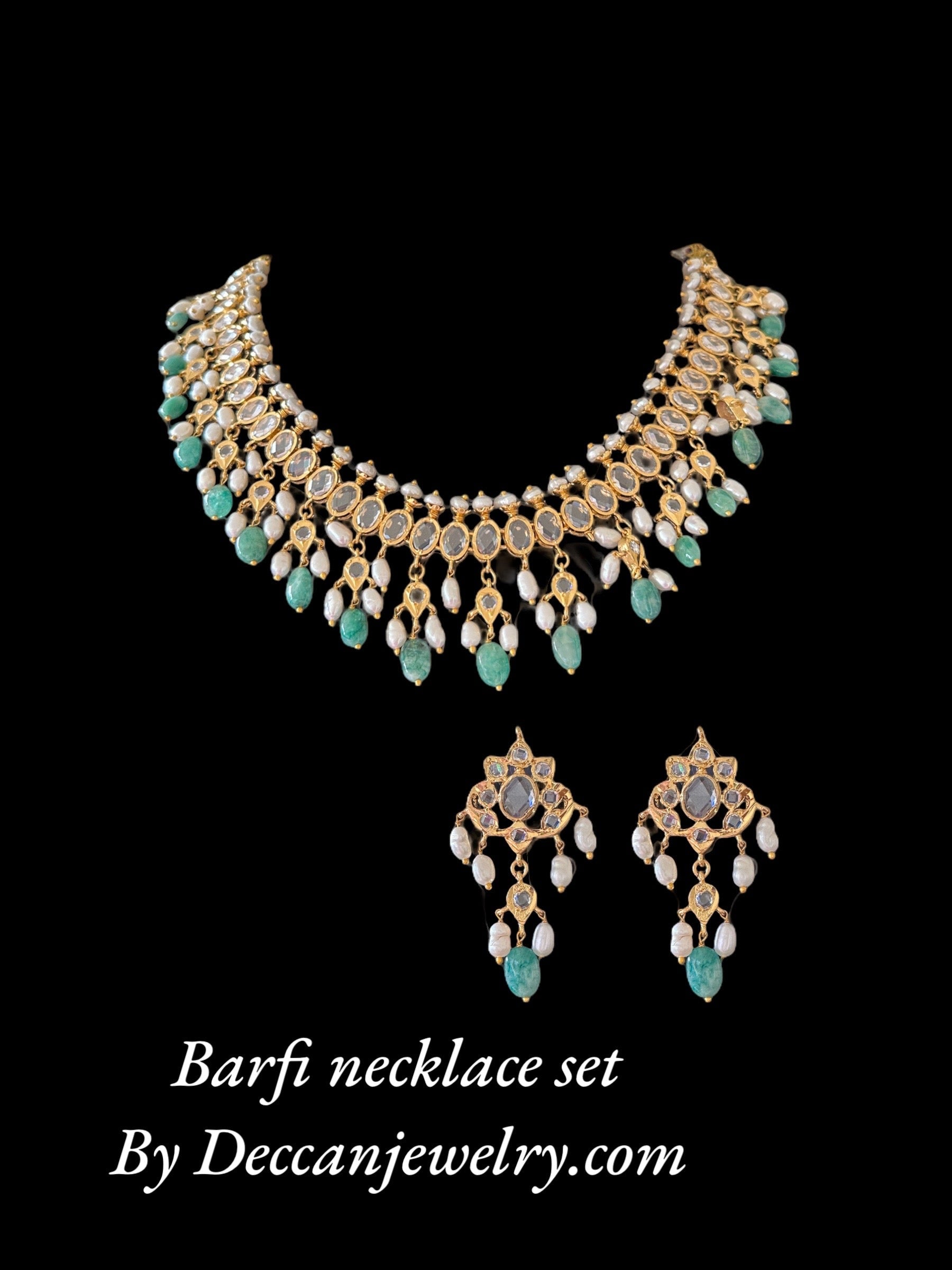 DNS110 Barfi necklace set in fresh water pearls and emerald beads ( READY TO SHIP )