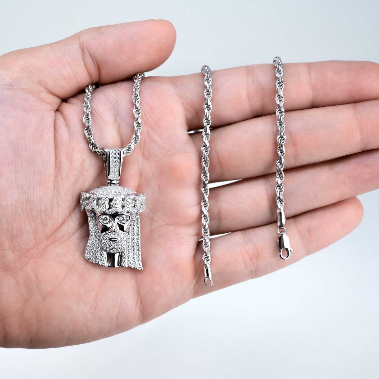 Unisex Moissanite Jesus Head Piece Pendant 3.3mm Rope Chain Necklace 925 Silver