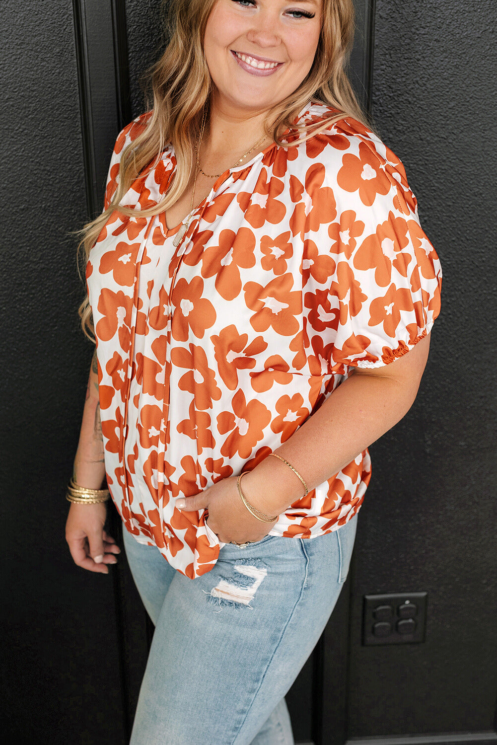 Sky Plus Size Floral Print Drawstring V Neck Short Sleeve Blouse