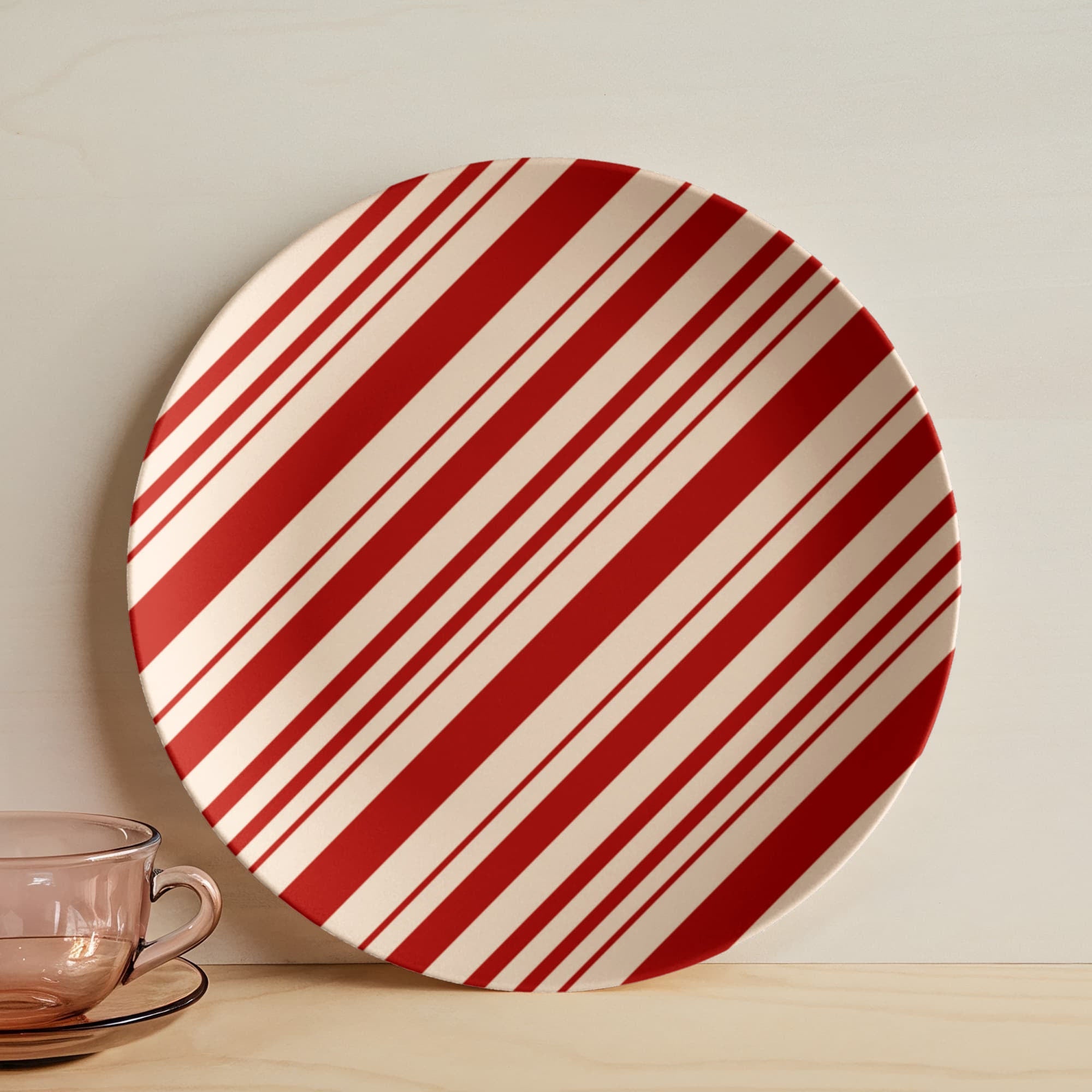Red and White Striped Ceramic Christmas Dinner Plate - 10 Inch Round - Classic Candy Cane Pattern