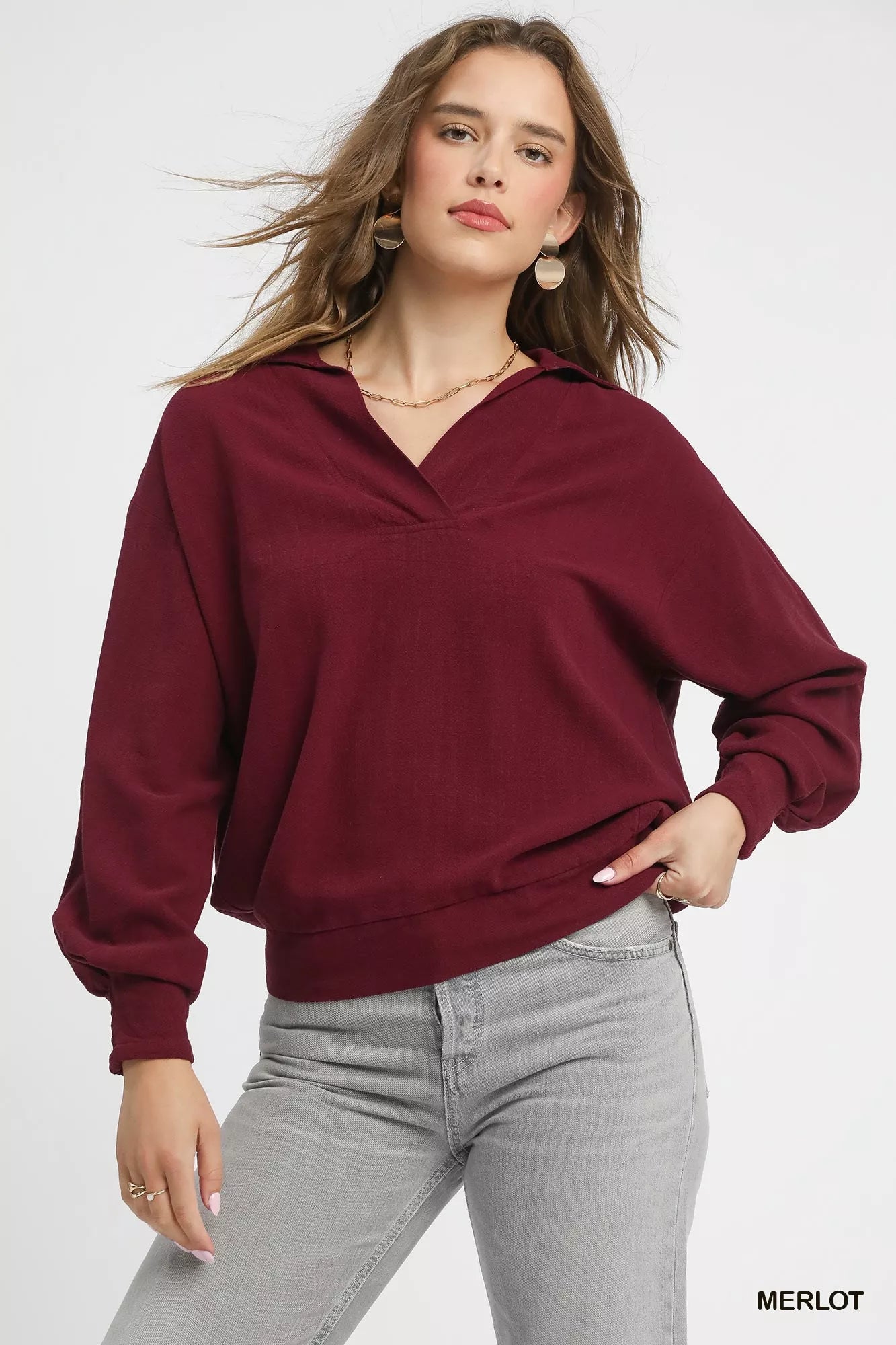 Umgee Linen Long Sleeves Elastic Hem Blouse
