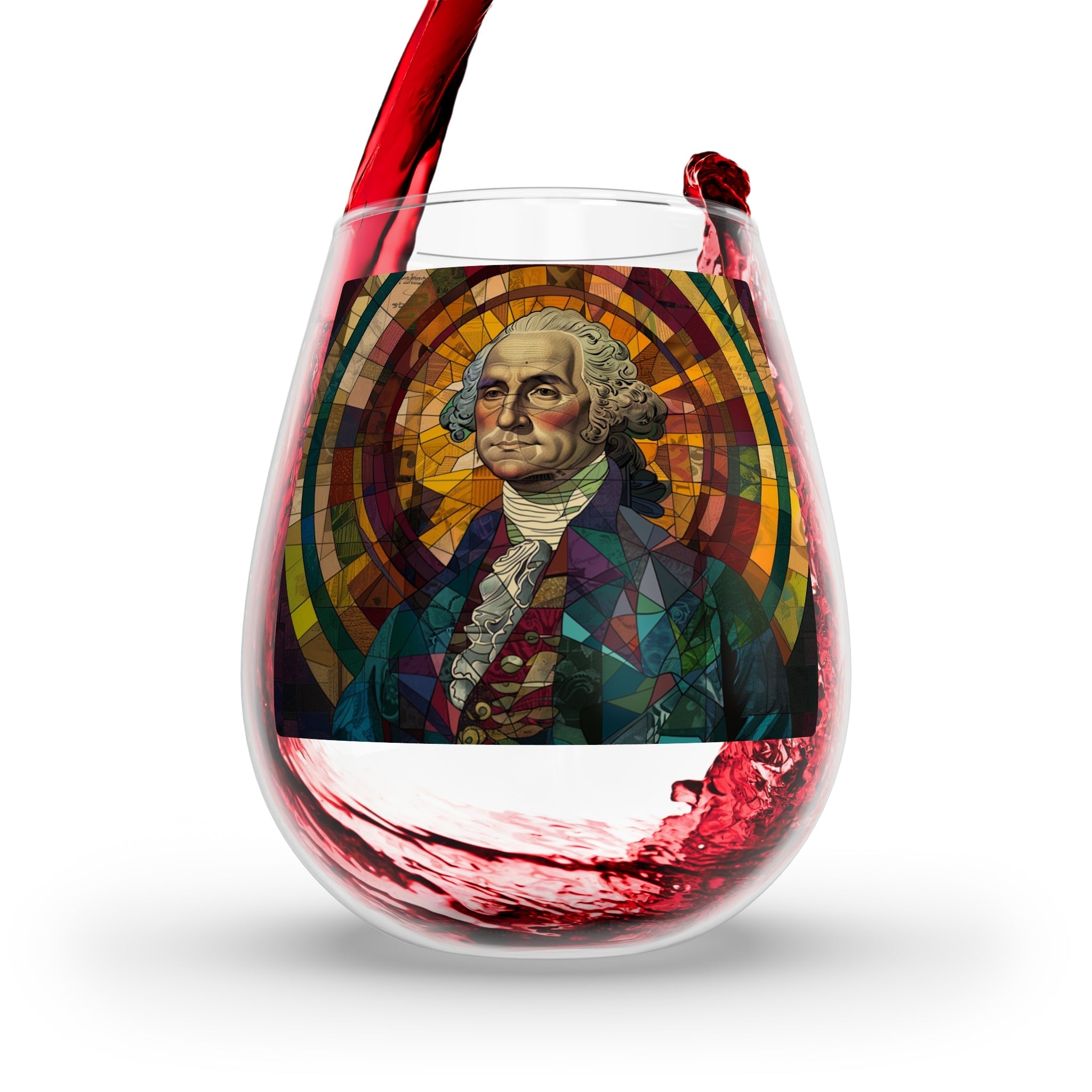 Stained Glass George Washington Stemless Wine Glass, 11.75oz