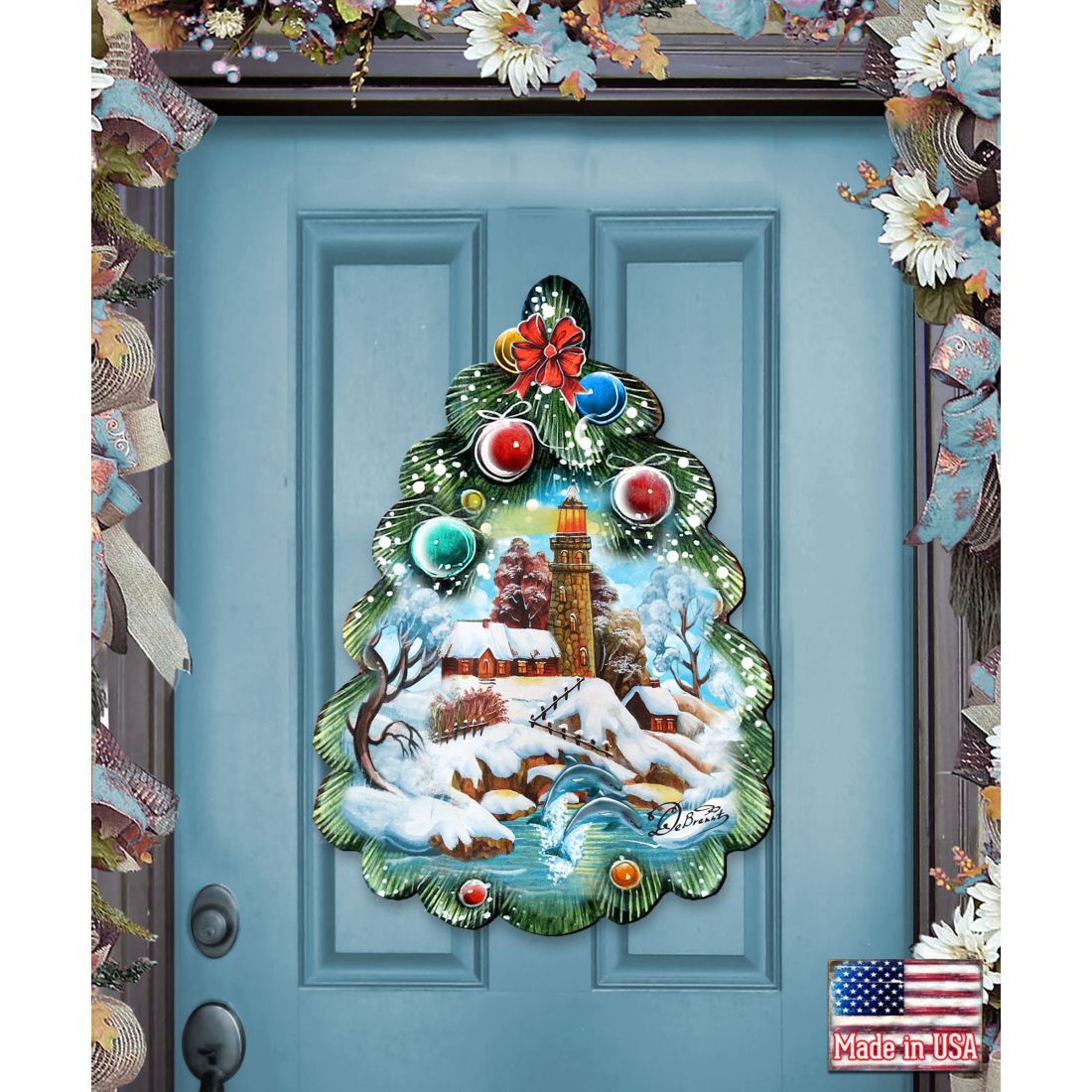Lighthouse Tree Christmas Door Decor by G. DeBrekht - Coastal Holiday Decor - 8119185H