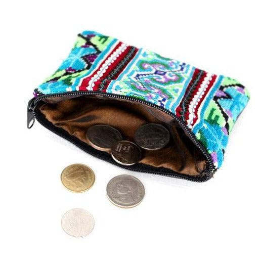 Leather Hmong Textile Upcycled One-of-a-kind Coin Purse - Thailand