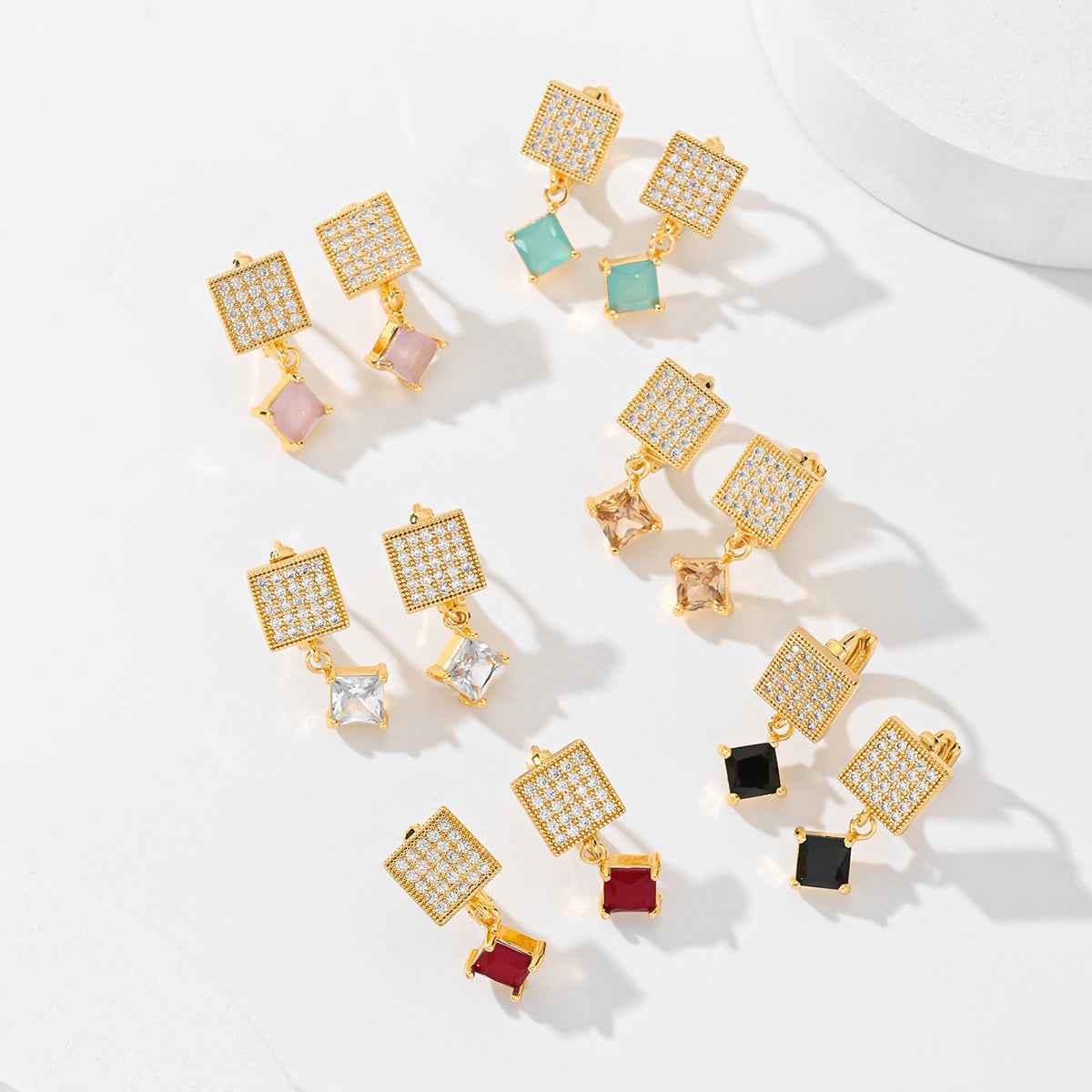 European American Zircon Earrings in Various Colors - Square Fashion Style