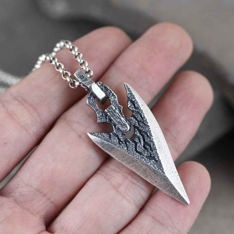 Mens Silver Weapon Necklace with Stone in Weapon Shape