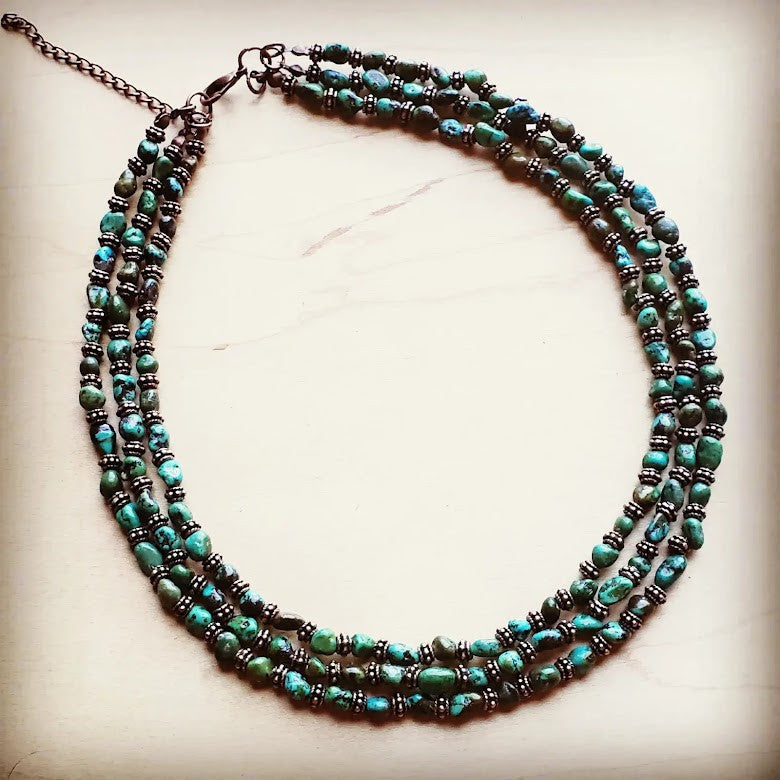Triple Strand Natural Turquoise &amp;amp; Copper Collar Necklace 250n