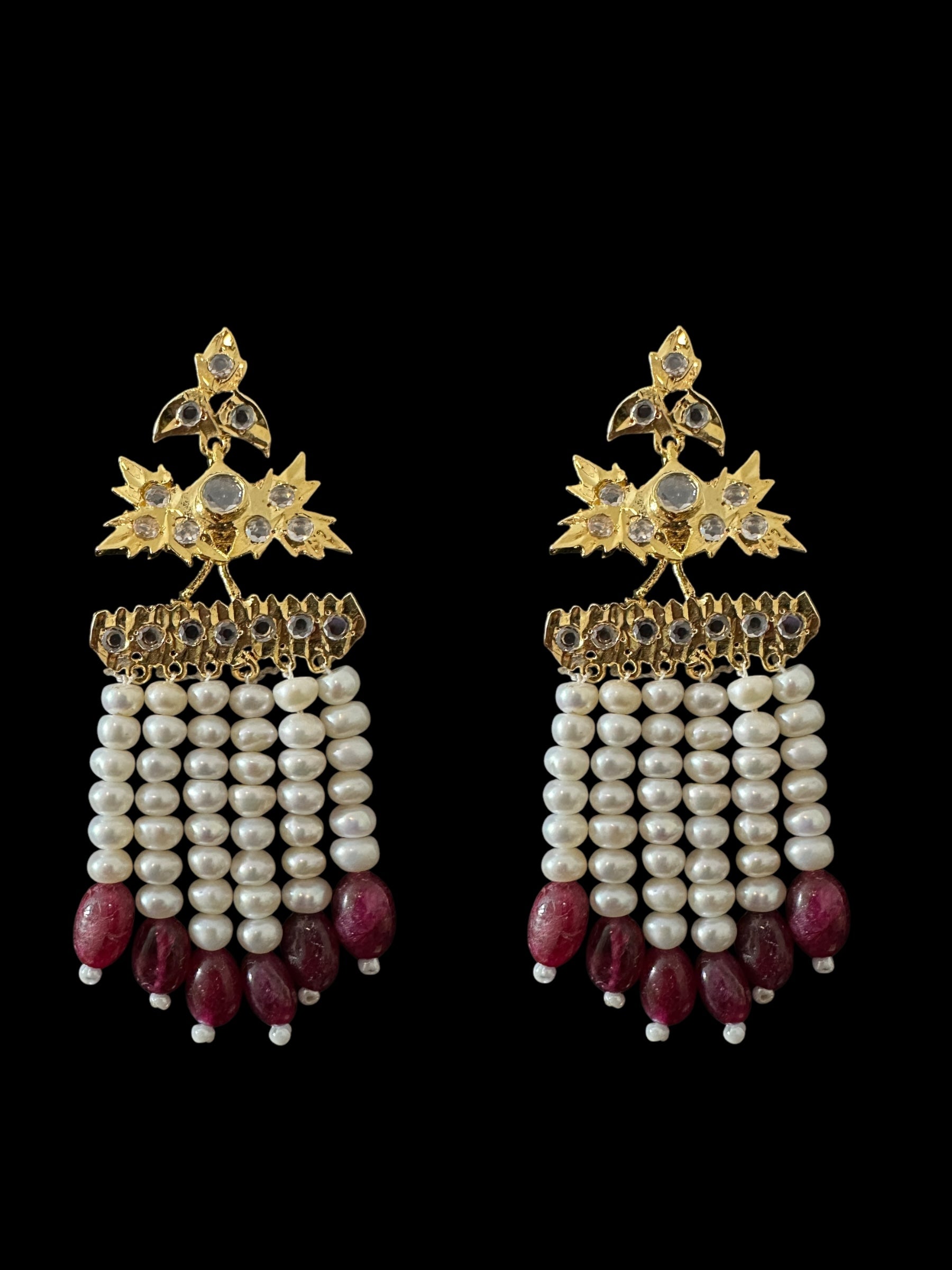 DER804 Grape earrings in fresh water pearls and ruby beads ( READY TO SHIP )