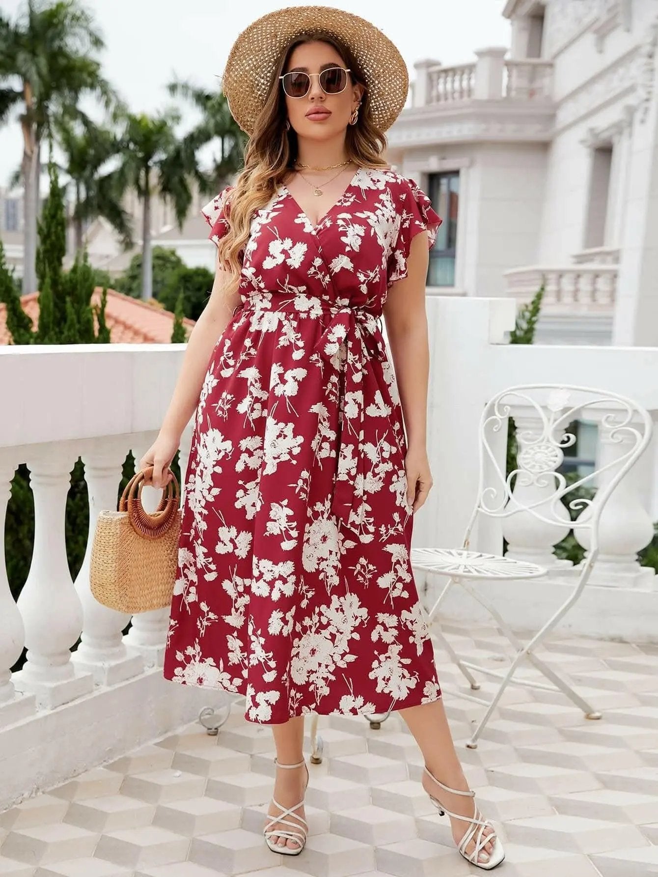 Trendsi Floral Plus Size Women&amp;#39;s Midi Dress - Flattering Fit, Trendy Style