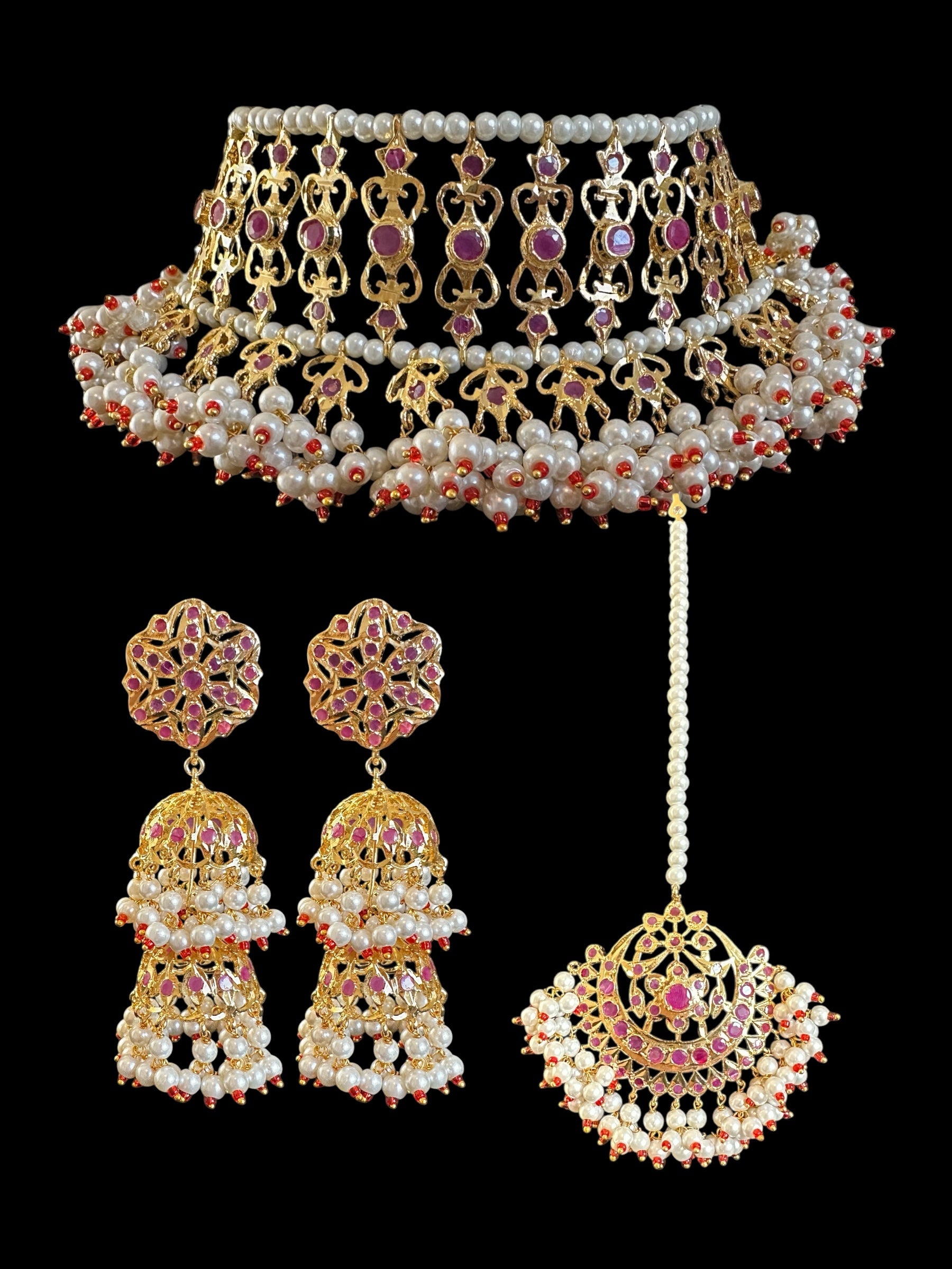C534 Viya bridal choker set in rubies and pearls  (SHIPS IN 4 WEEKS )