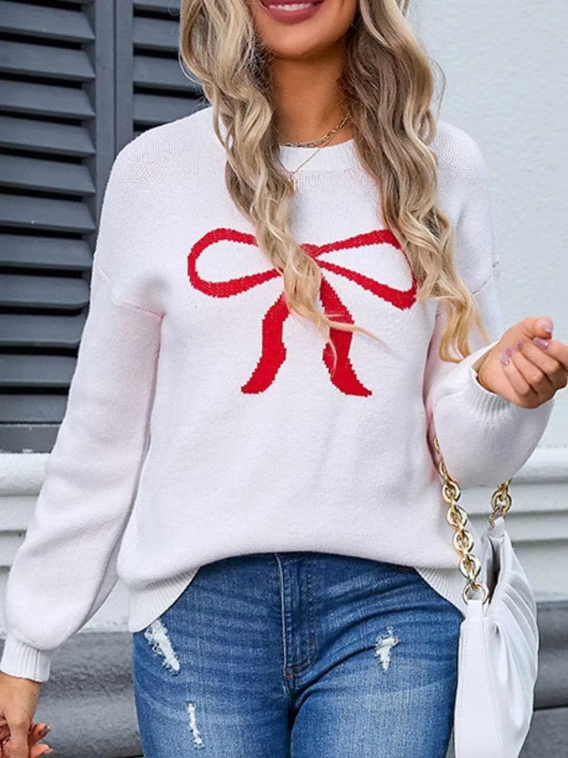 Trendsi Charming bow print long sleeve sweater
