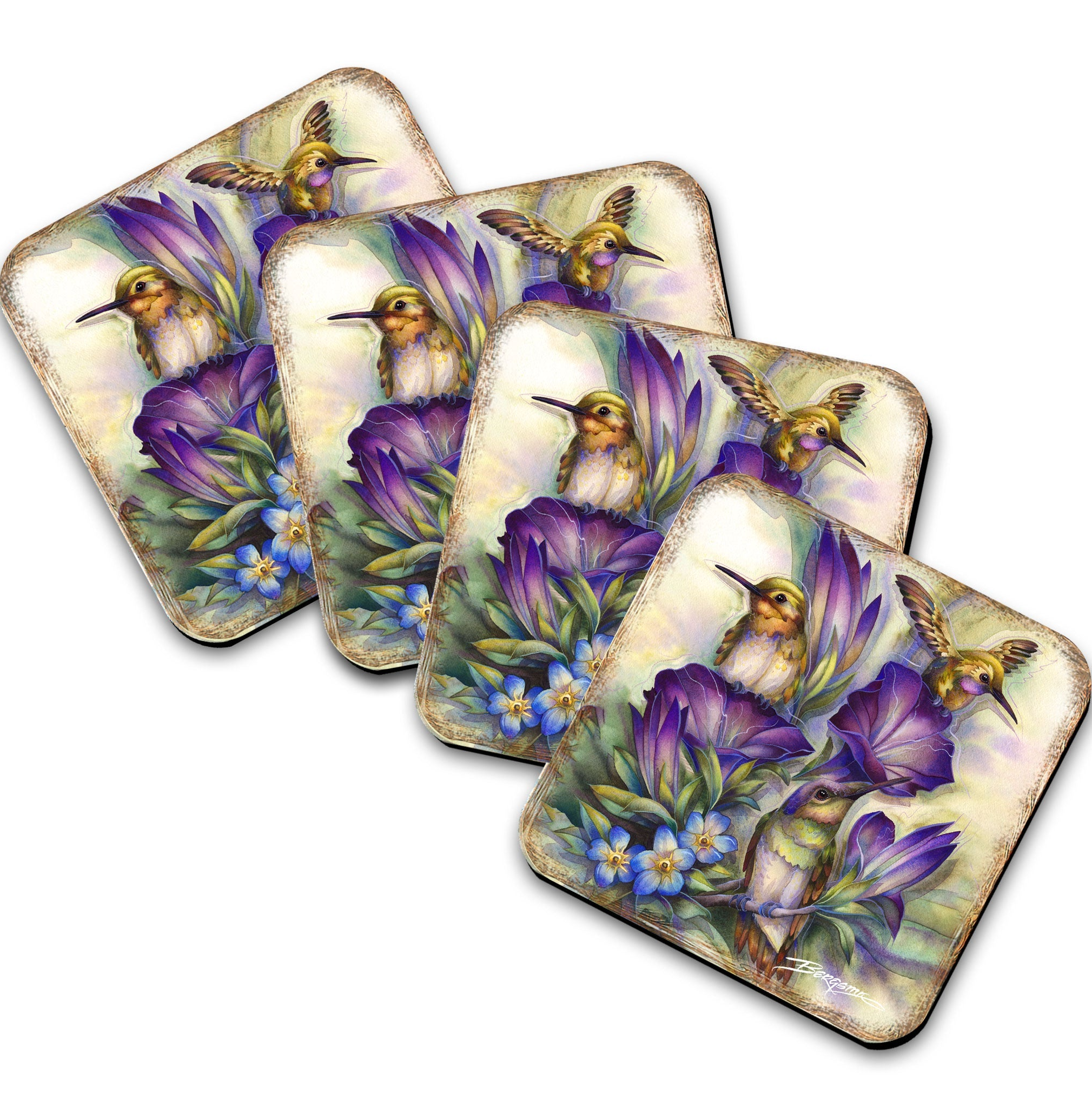 Everlasting Friendship Hummingbirds Wooden Cork Coasters Gift Set of 4 by J. Bergsma - Wildlife Decor  - 8199464C-S4