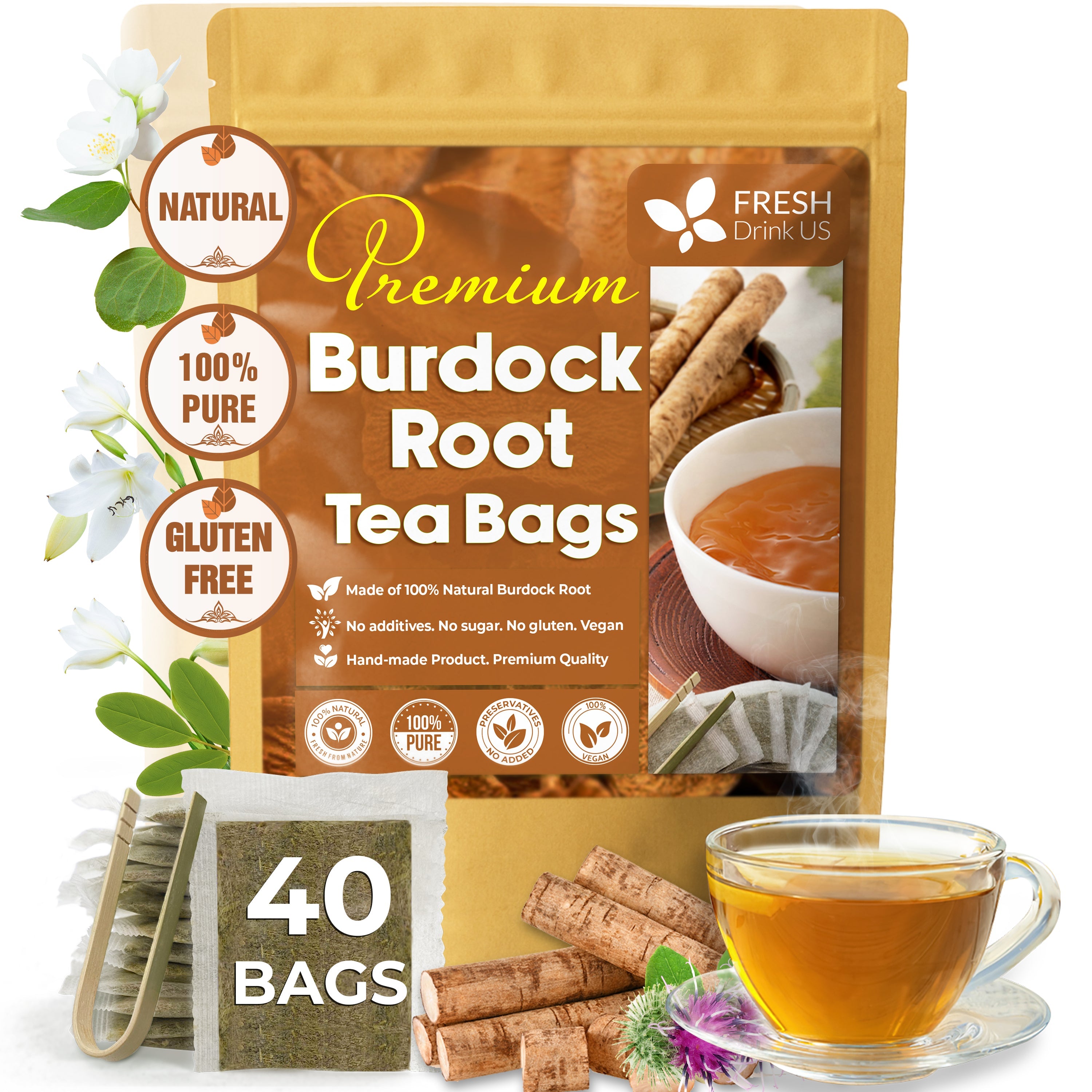 Burdock Root Tea Bags, 100% Natural &amp;amp; Pure from Burdock Root. Burdock Root Herbal Tea. Burdock Root Tea. No Sugar, No Caffeine, No Gluten, Vegan.