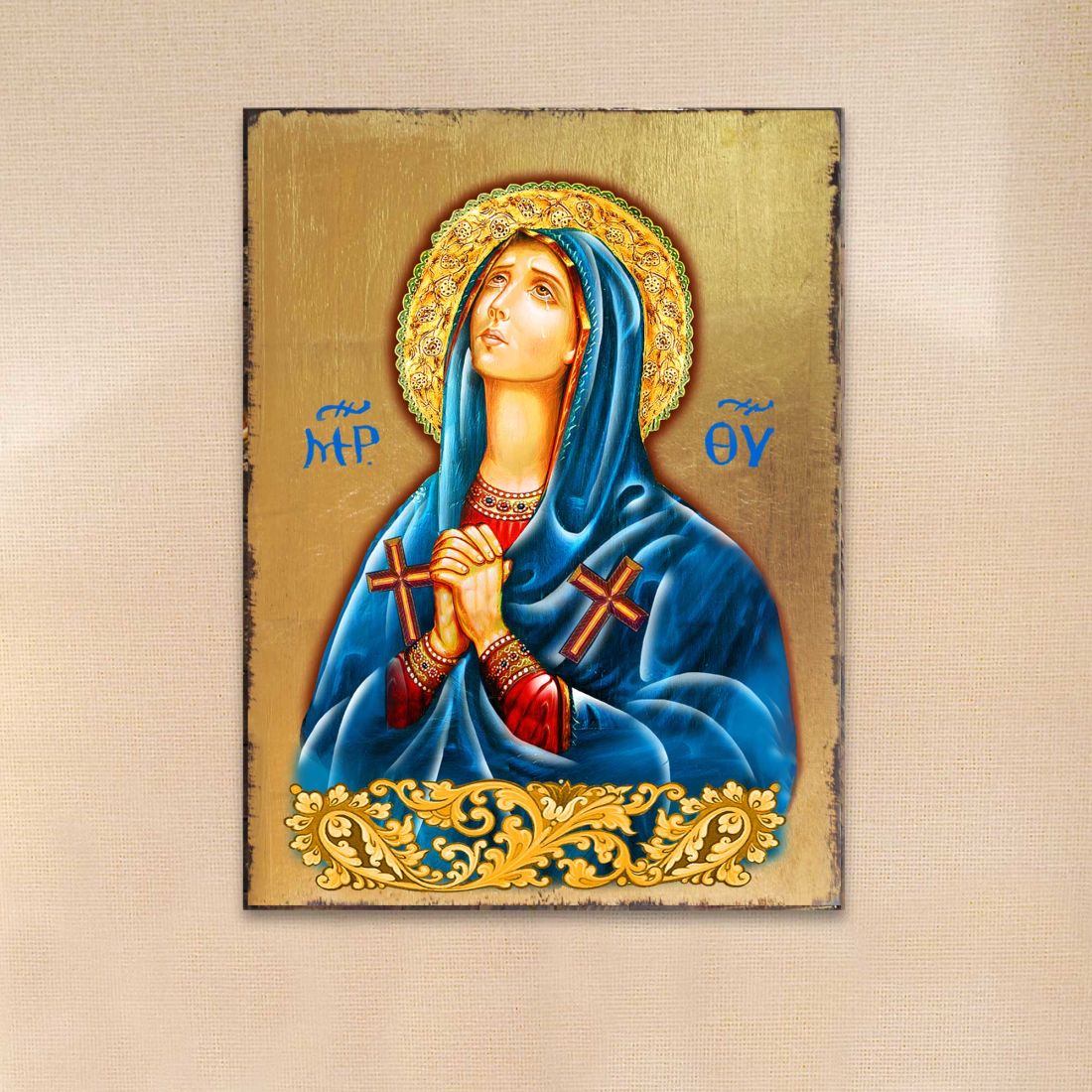 Mother of God Wooden Gold Plated Religious Christian Sacred Icon - Inspirational Icon Decor - 85014