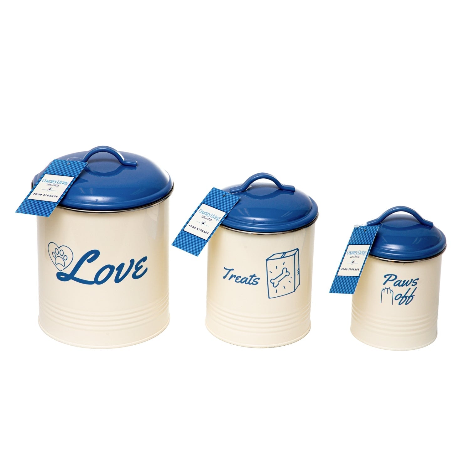 COUNTRY LIVING SET OF 3 PET TREAT CANISTERS, DOG TREAT STORAGE – FRENCH BLUE LID