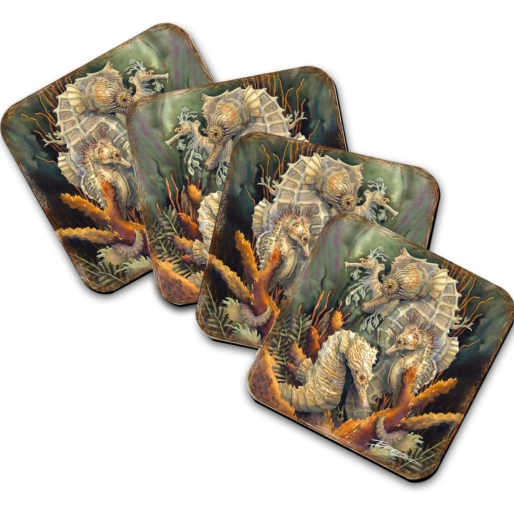 Seahorse Family Wooden Cork Coasters Gift Set of 4 by J. Bergsma - Coastal Decor  - 8199454C-S4