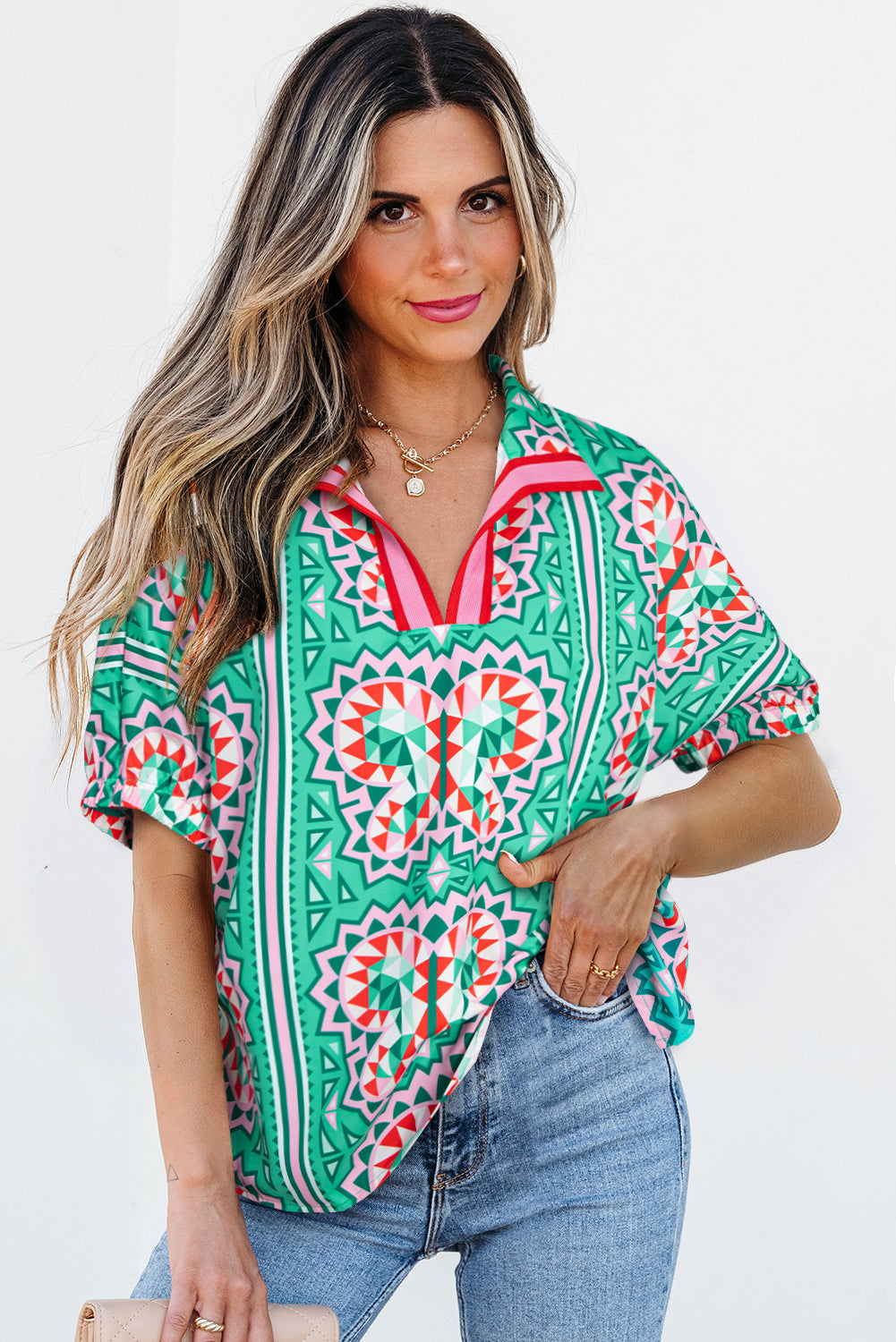 Kamiyah Boho Abstract Striped Collared V Neck Blouse