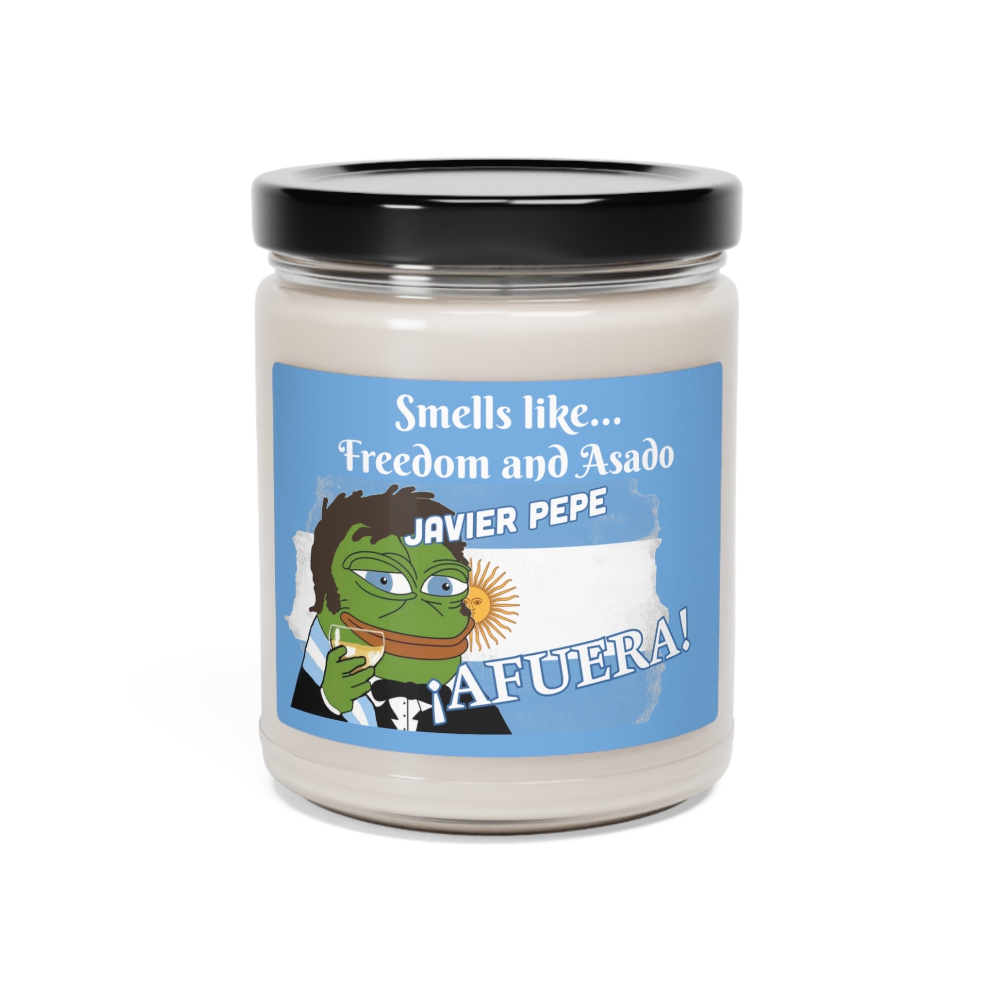 Javier Milei Pepe &amp;quot;Freedom and Asado&amp;quot; Scented Soy Candle, 9oz - 4LibertyShop.com