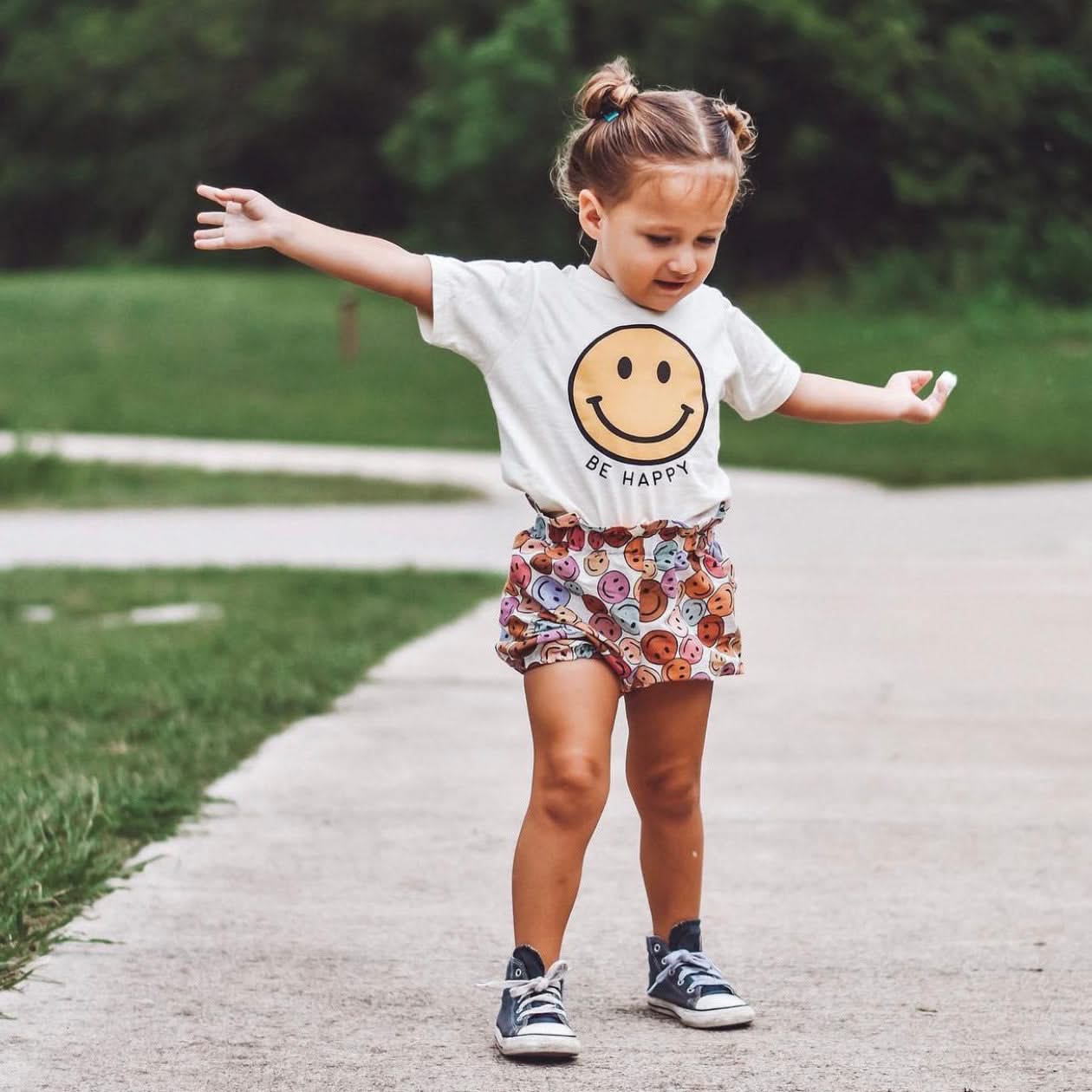 Be Happy - Yellow + Black Smiley Face - Child Tee