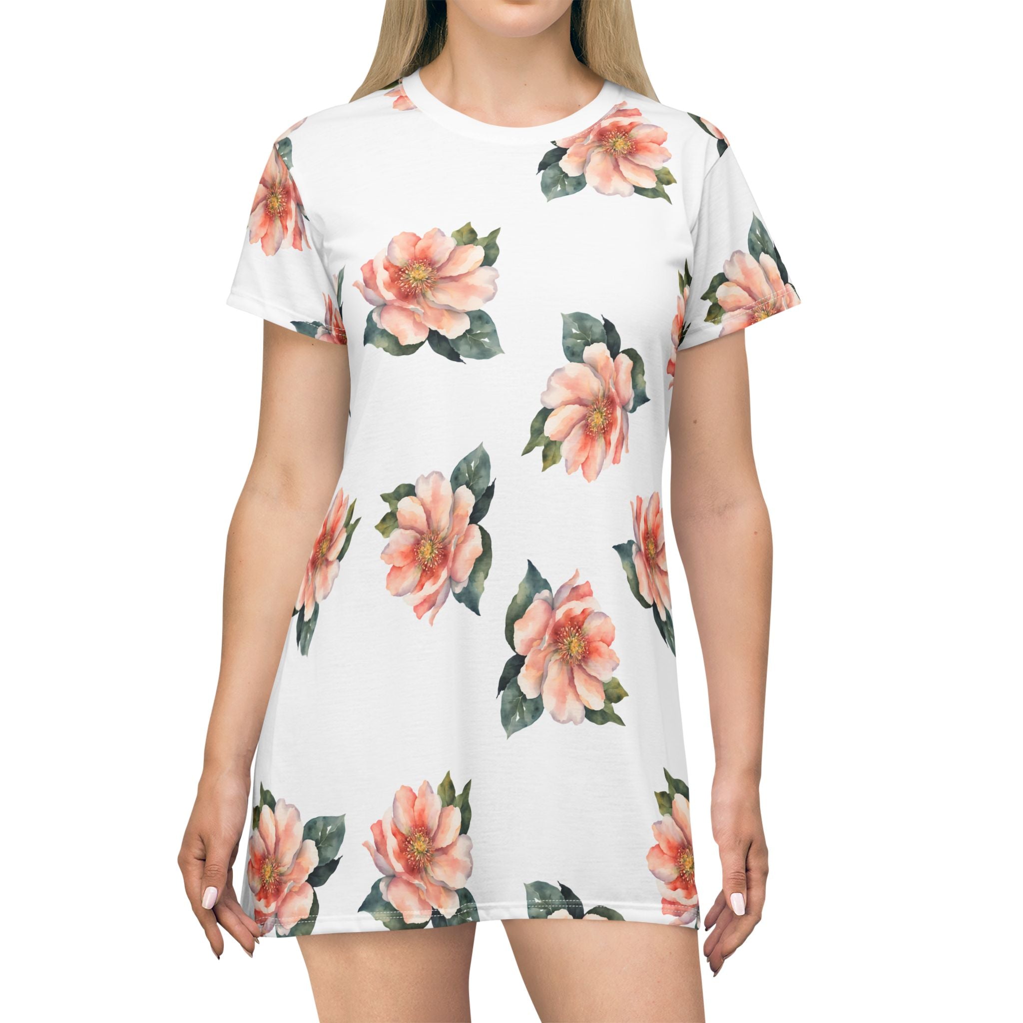 Pink watercolor flowers t-shirt dress