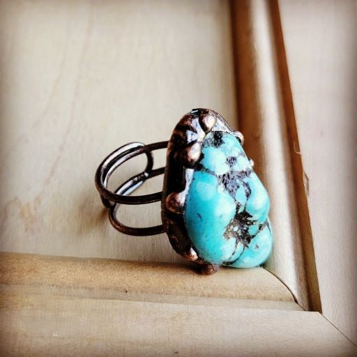 Blue Turquoise Ring set in Antique Copper 012w