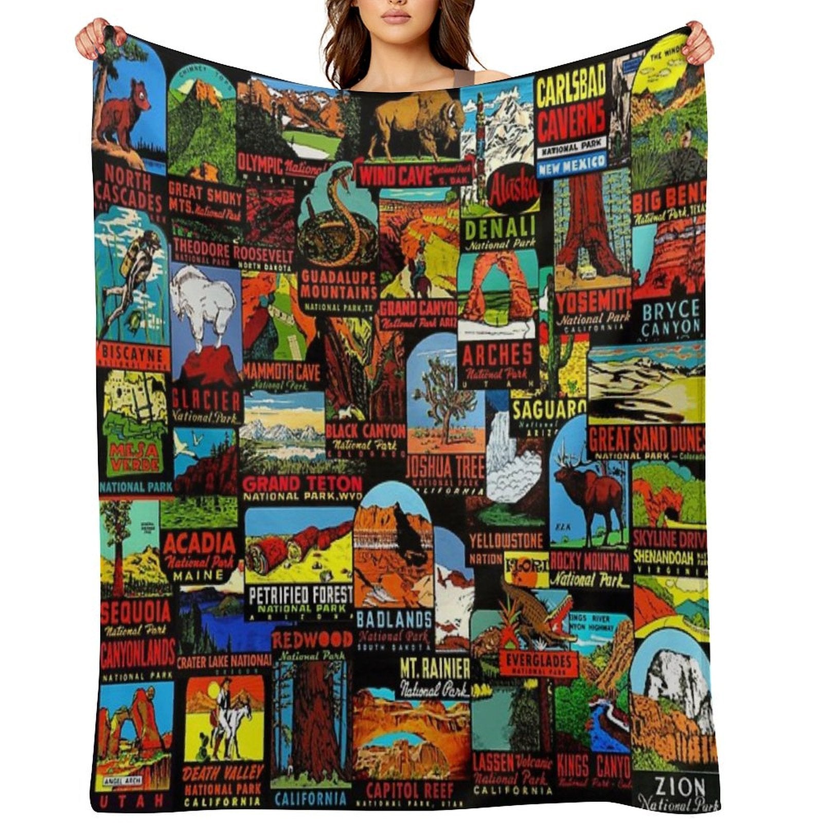 American National Parks Vintage Travel Decal Bomb Throw Blanket