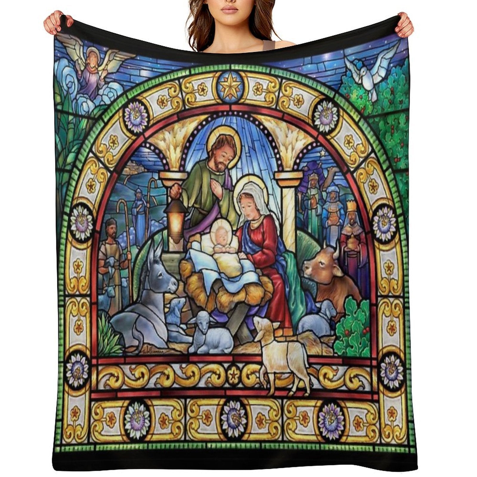 Stained Glass Nativity Throw Blanket