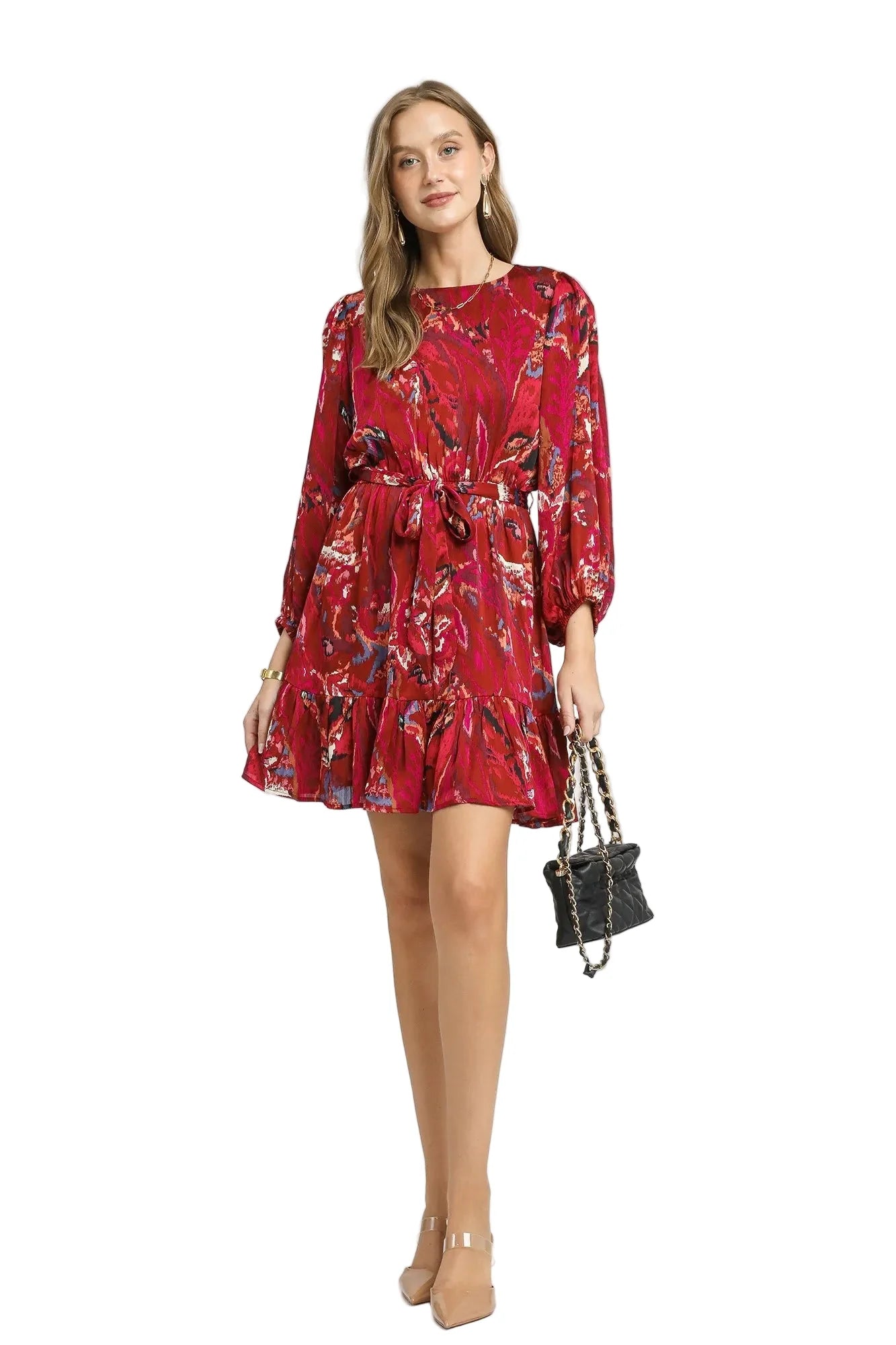 Ruffled Hem Printed Balloon Sleeve Dress