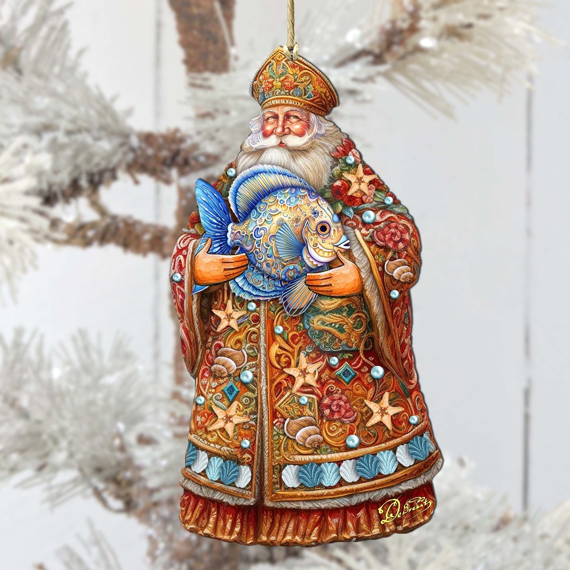 Santa with Fish Wooden Ornaments by G. Debrekht - Christmas Santa Snowman Decor - 8691411