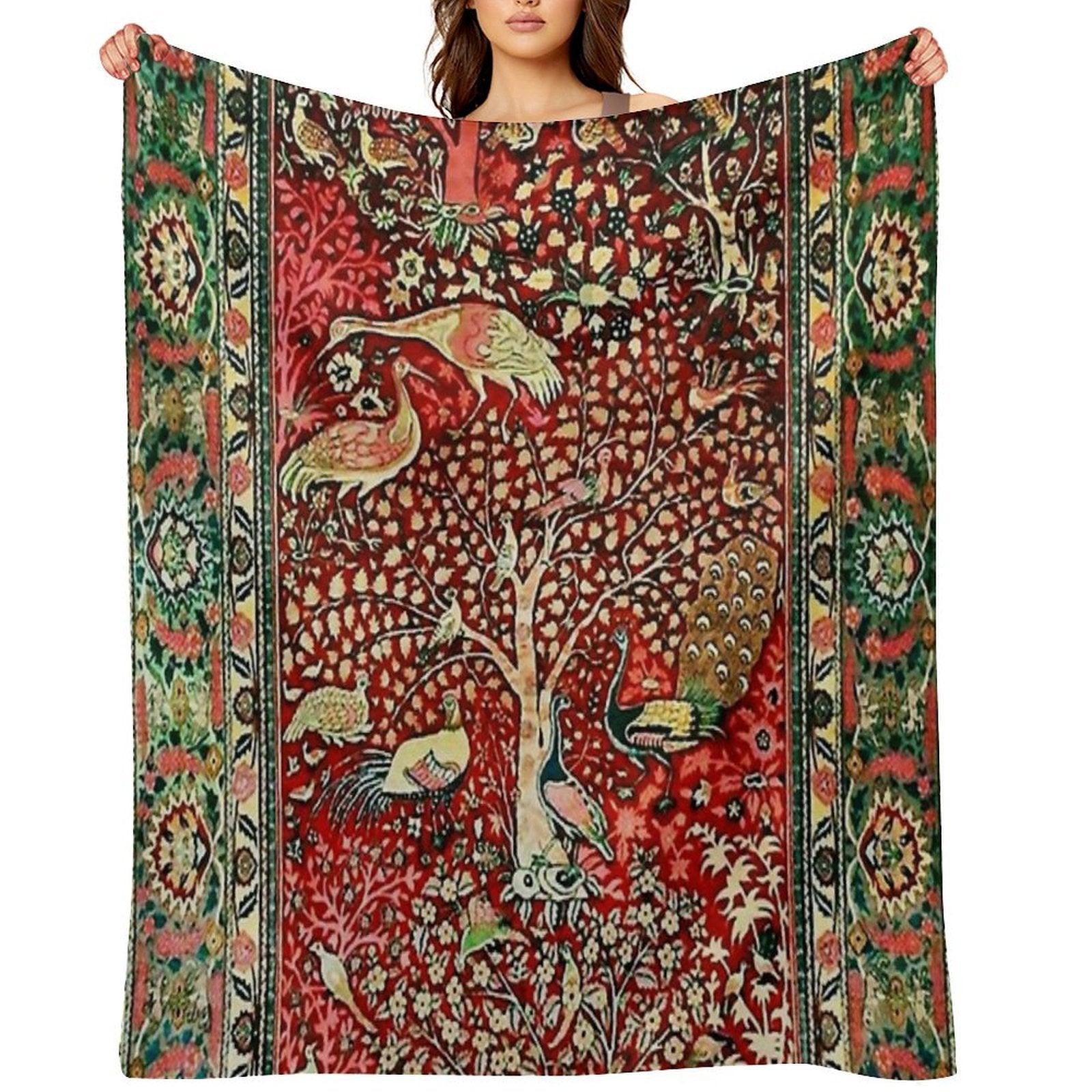 Antique Persian Rug Bird Tree Flowers Ca. 1600 Print Throw Blanket