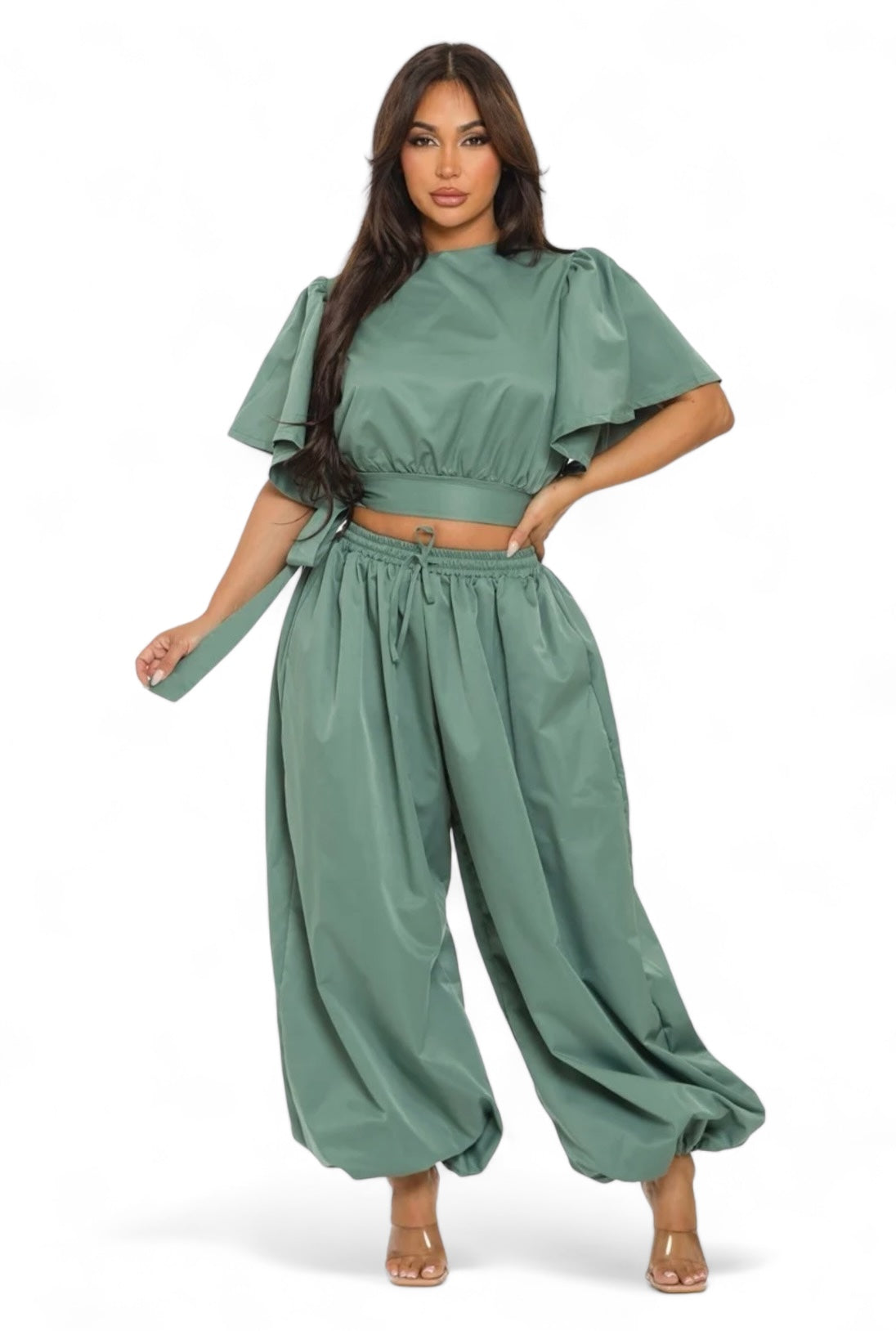 Ruffle Short Sleeve Crop Top &amp;amp; Jogger Pants Set