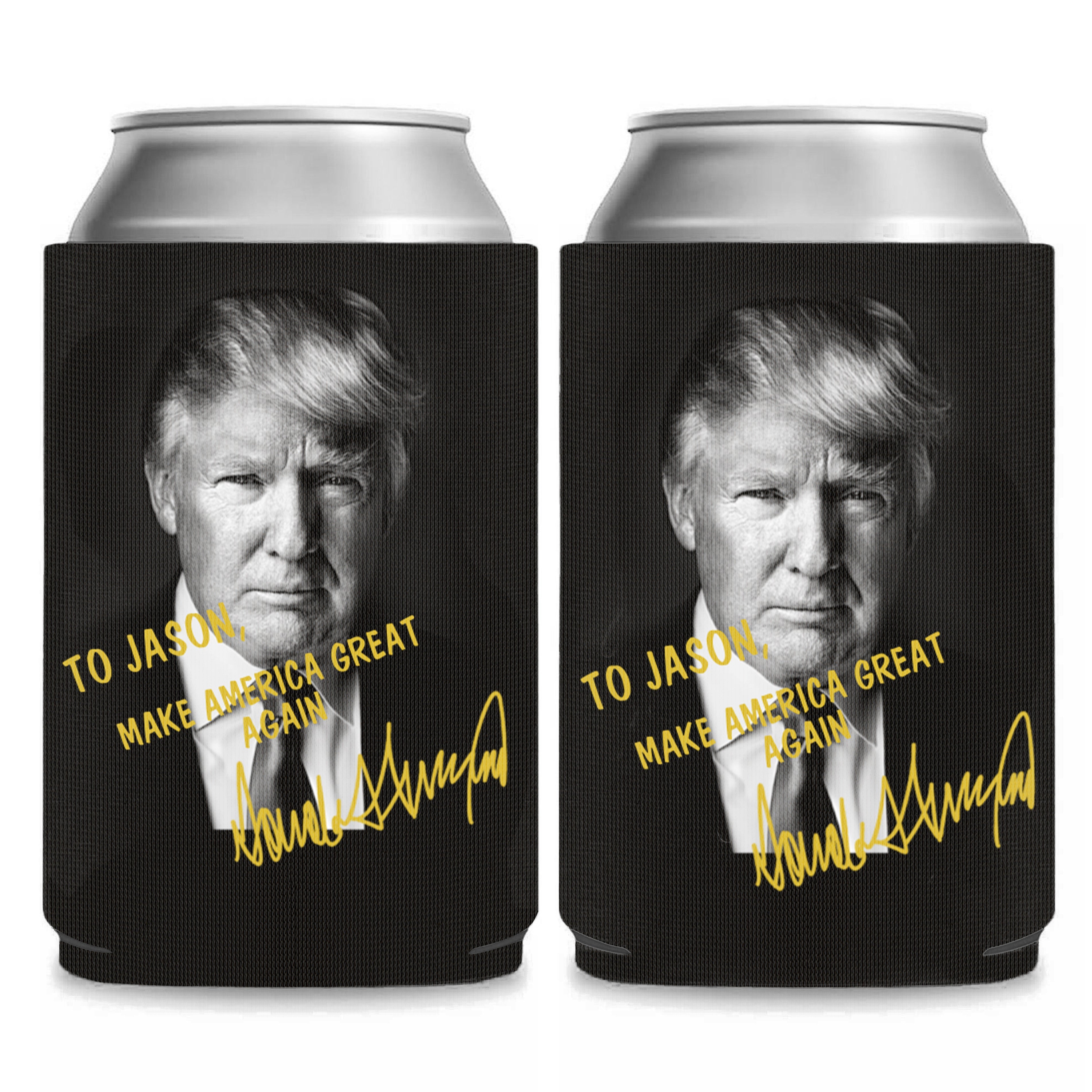 PERSONALIZED DONALD TRUMP AUTOGRAPHED CAN COOLER | DONALD TRUMP HOMAGE CAN HOLDER |  BLACK CAN SLEEVE FOR DRINKS 682433 - GOP