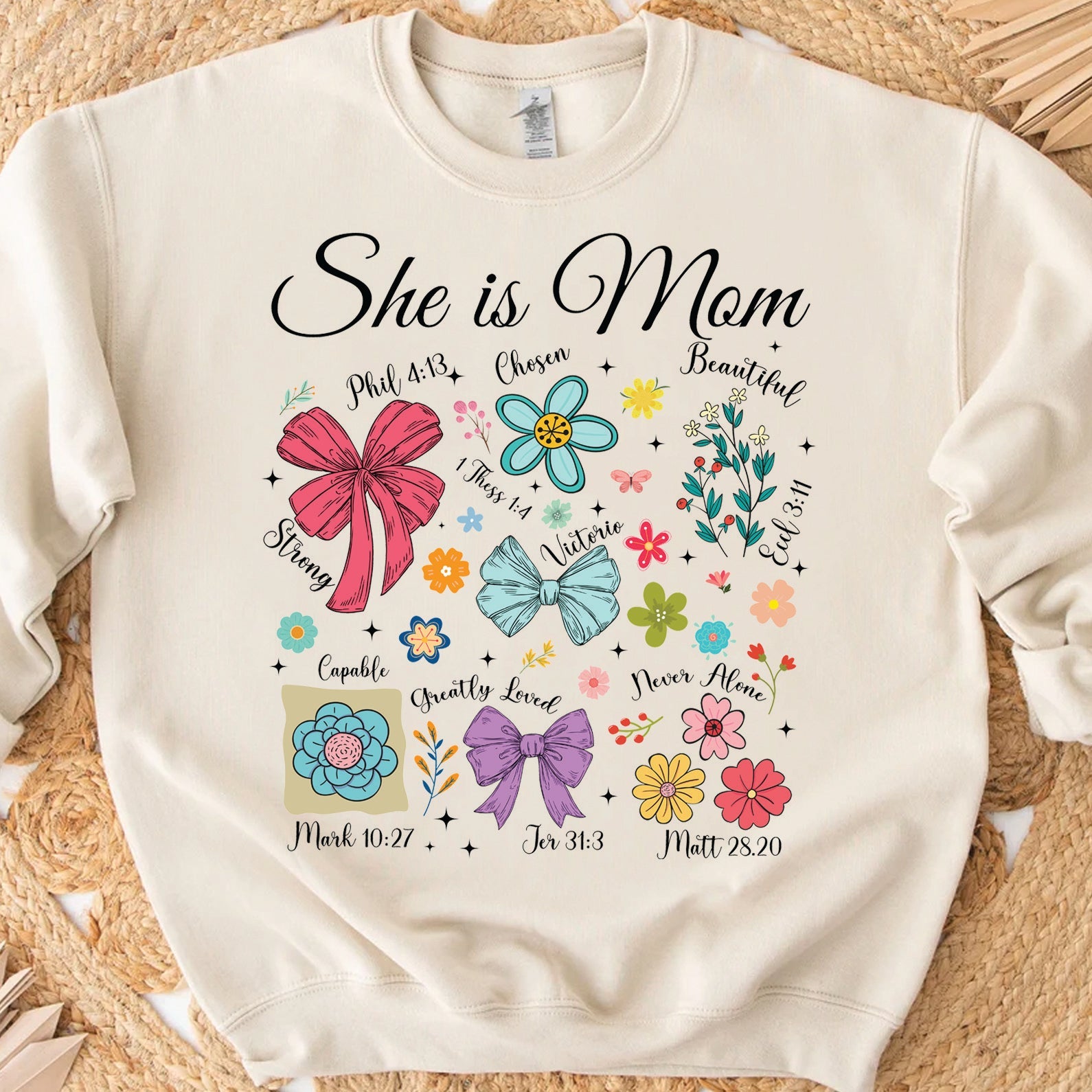 She Is Mom Sweatshirt – Faith-Based Christian Mother&amp;#39;s Day Shirt With Bible Verses, Floral And Bow Coquette Design 682152