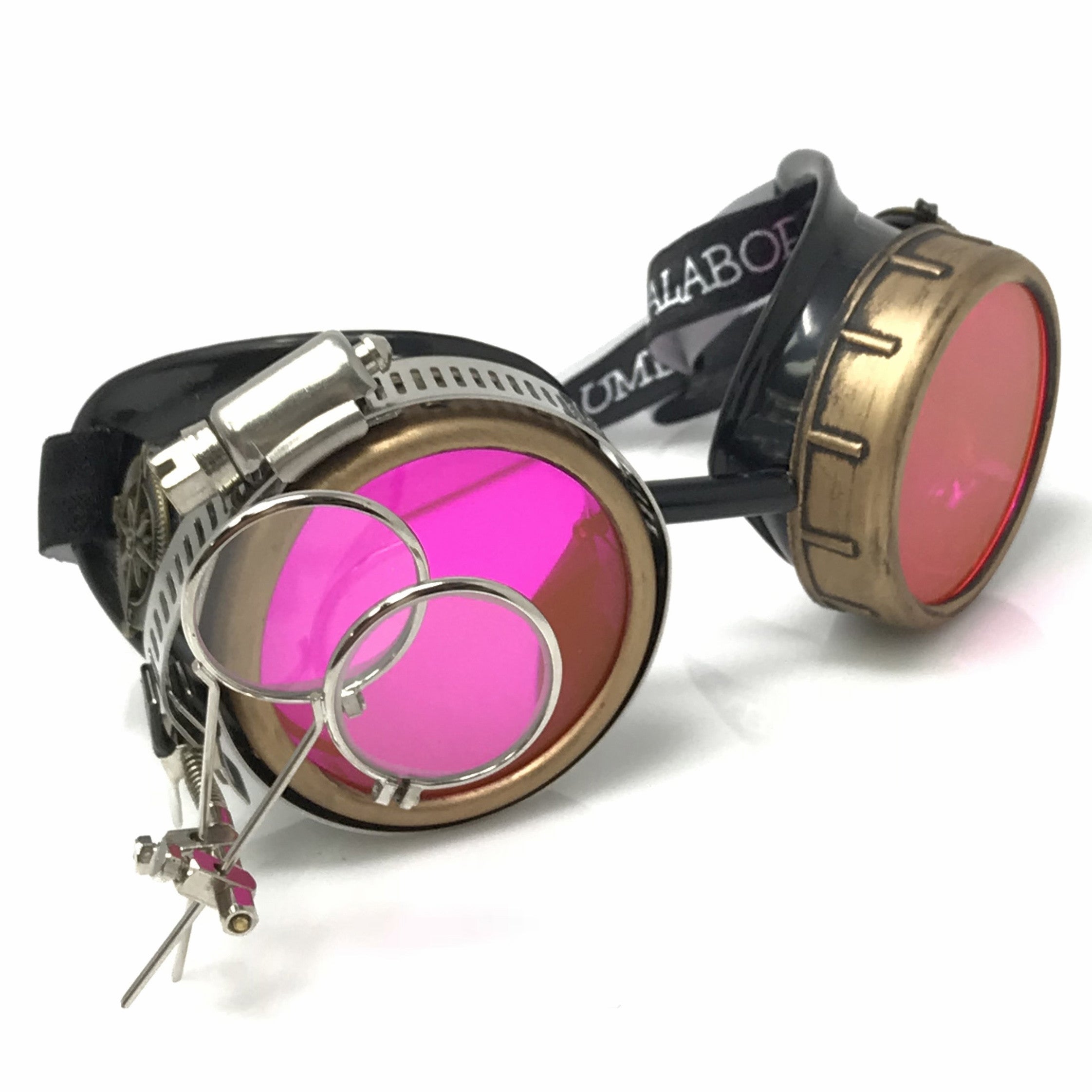Steampunk Goggles with magnifying loupes UV glow neon pink lenses