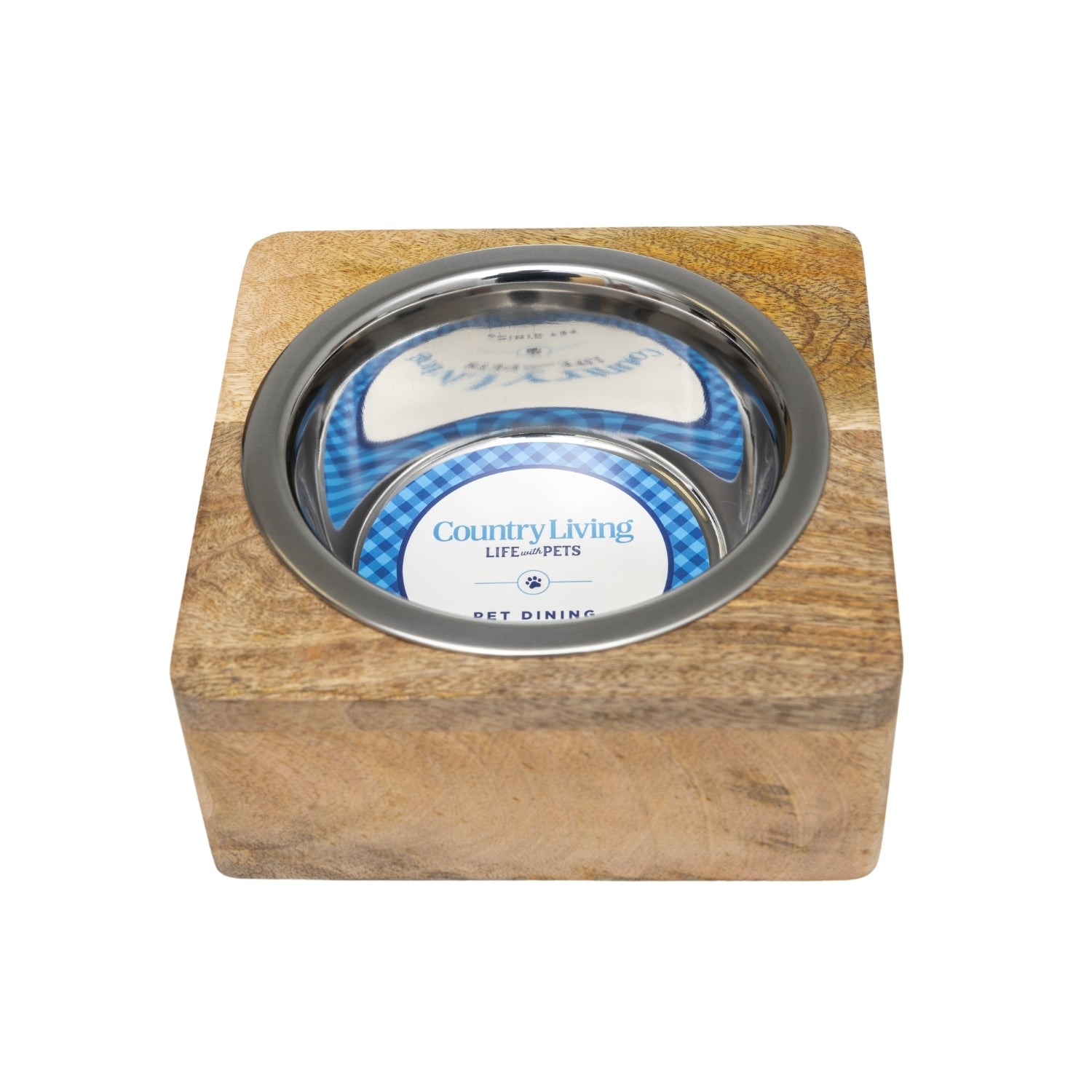 Country Living Elegant Stainless Steel Dog Bowl with Square Mango Wood Holder – 1 Quart