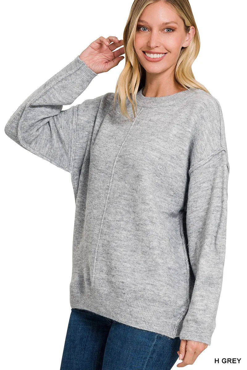 Zenana Melange Front Seam Round-Neck Sweater