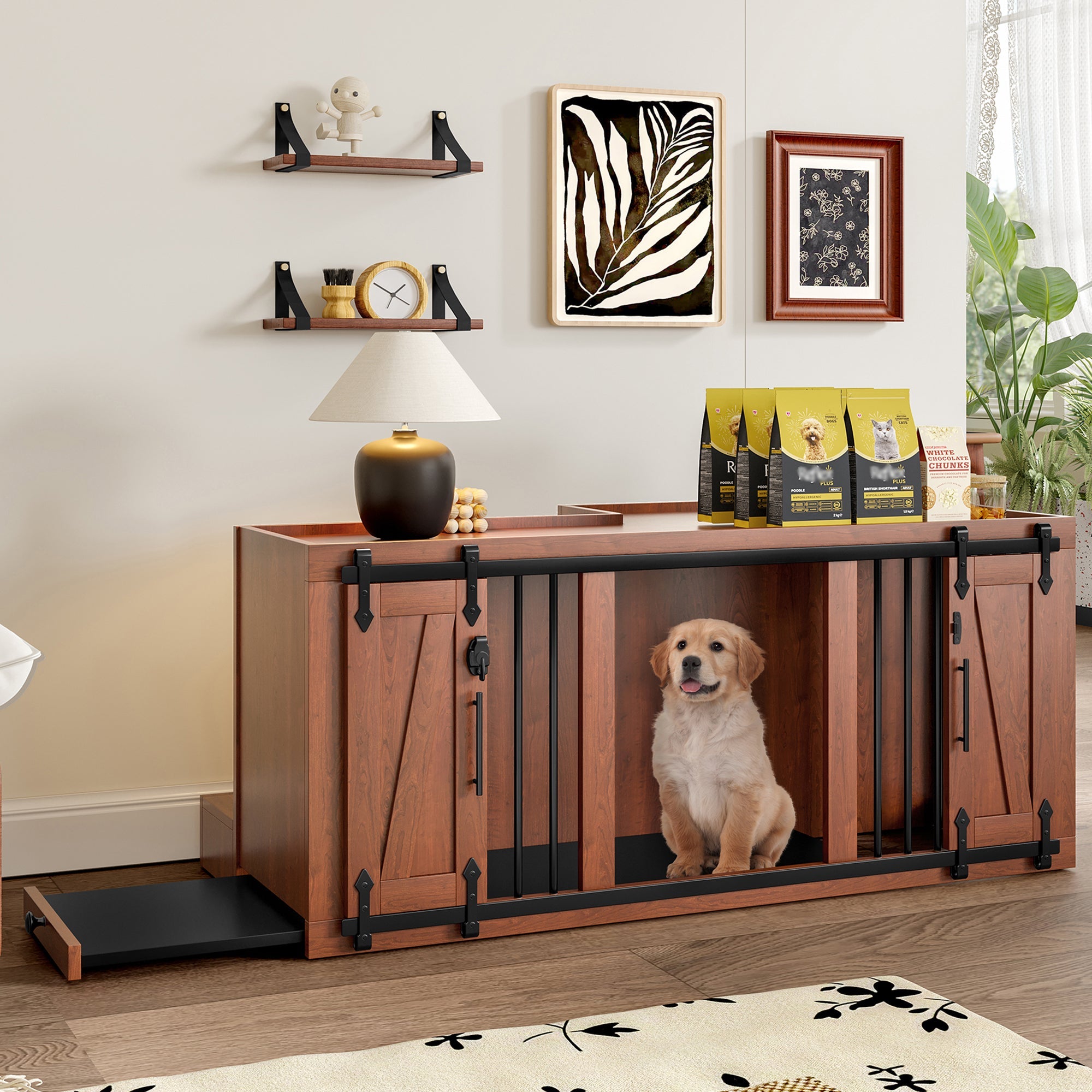 56&amp;#39;L, Furniture Style 2 in 1 Dog Crate with Padded Seat, Sliding Barn Door, Luxury Wooden Dog Kennel, End of Bed Bench Ottoman with Removable Cushion for Bedroom, Living Room, Walnut