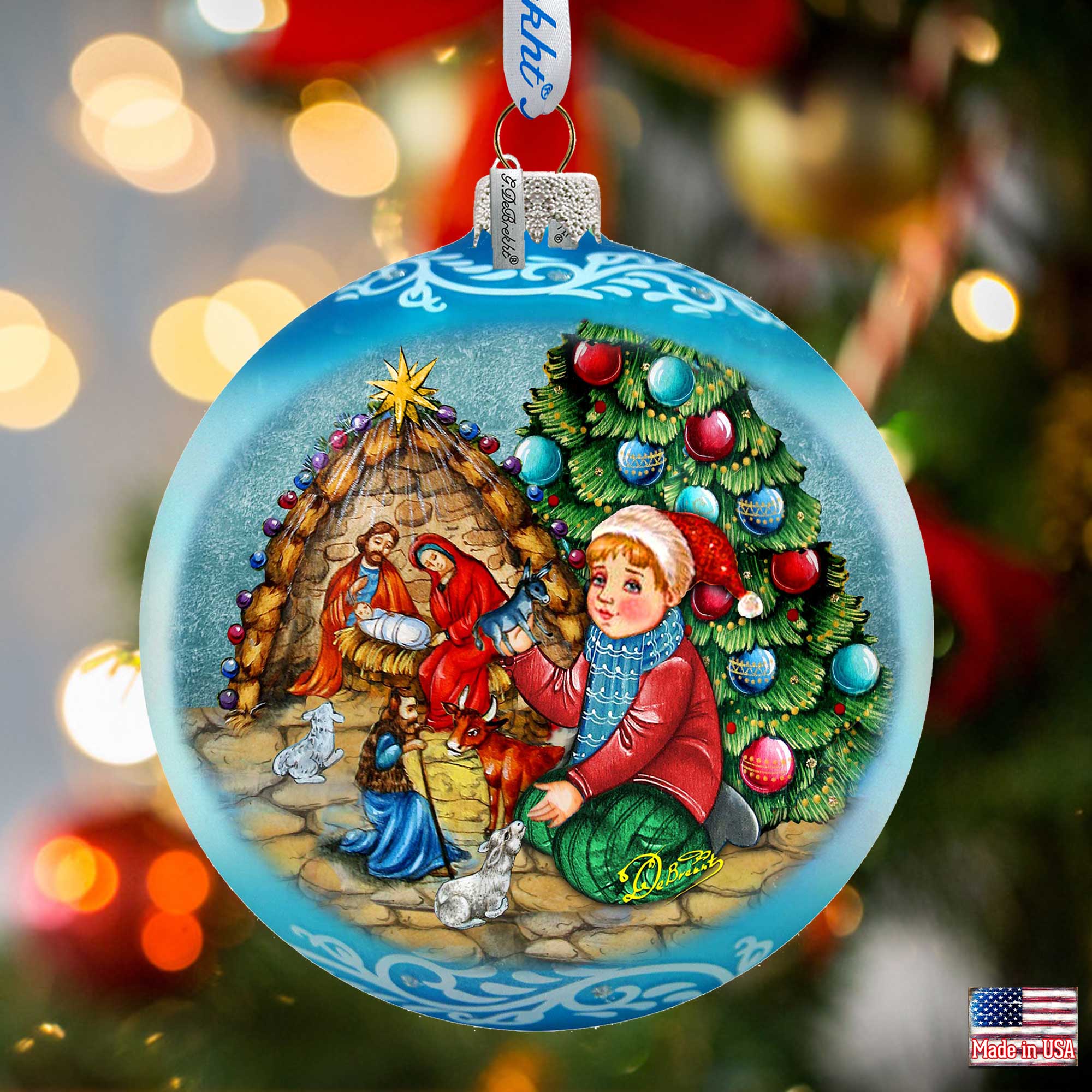 Nativity by the Christmas Tree Lg Glass Ornament in Blue by G.Debrekht - Christmas Decor - 73930B