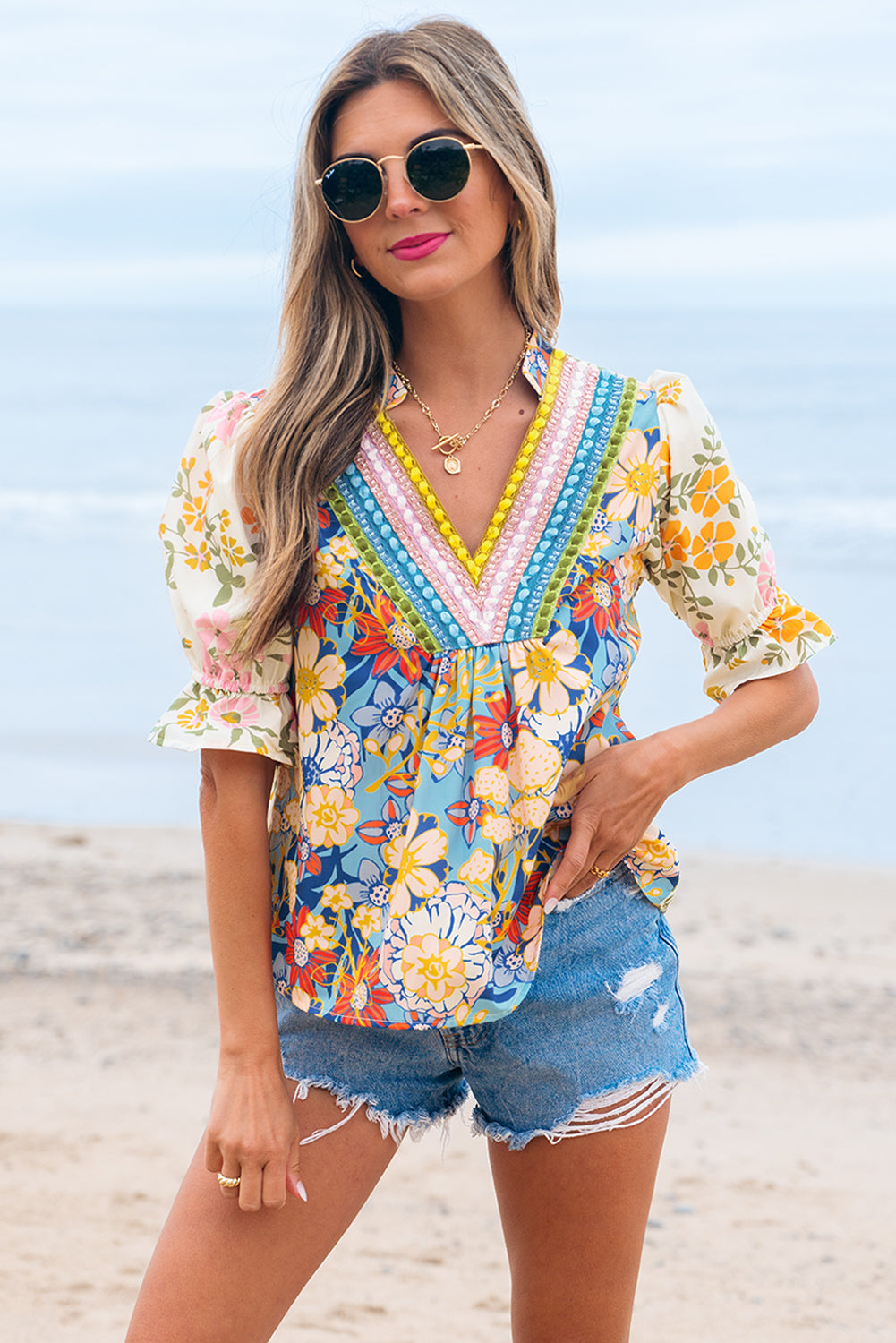 Gwen Crochet V Neck Boho Floral Blouse