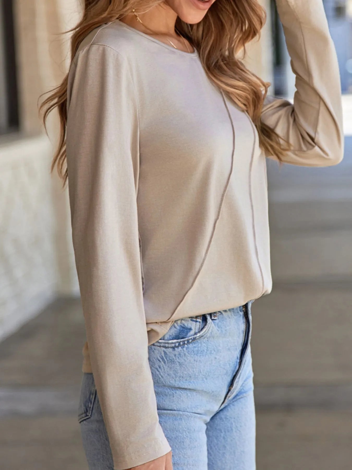 Asymmetric Seam Detail Long Sleeve Top for Women Casual
