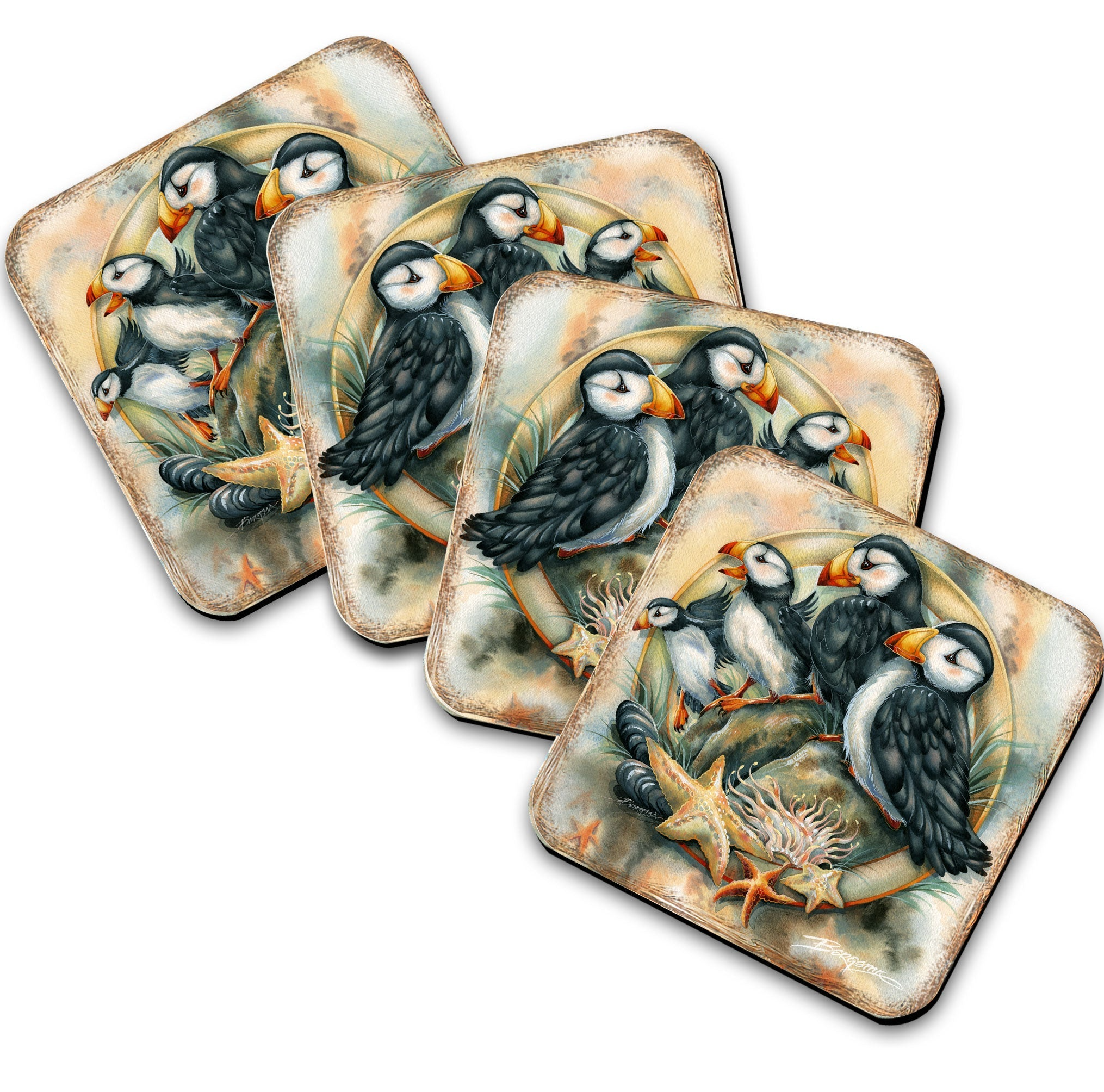 Puffins Wooden Cork Coasters Gift Set of 4 by J. Bergsma - Coastal Wildlife Decor  - 8199462C-S4