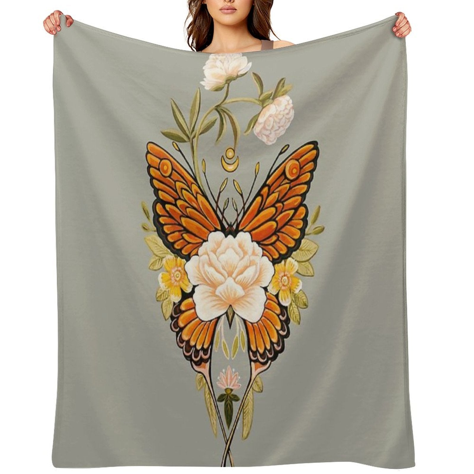 Tattoo Butterfly Peonies Throw Blanket